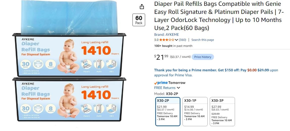 NEW~ Diaper Pail Refill Bags 60ct Compatible with Genie - photo 5