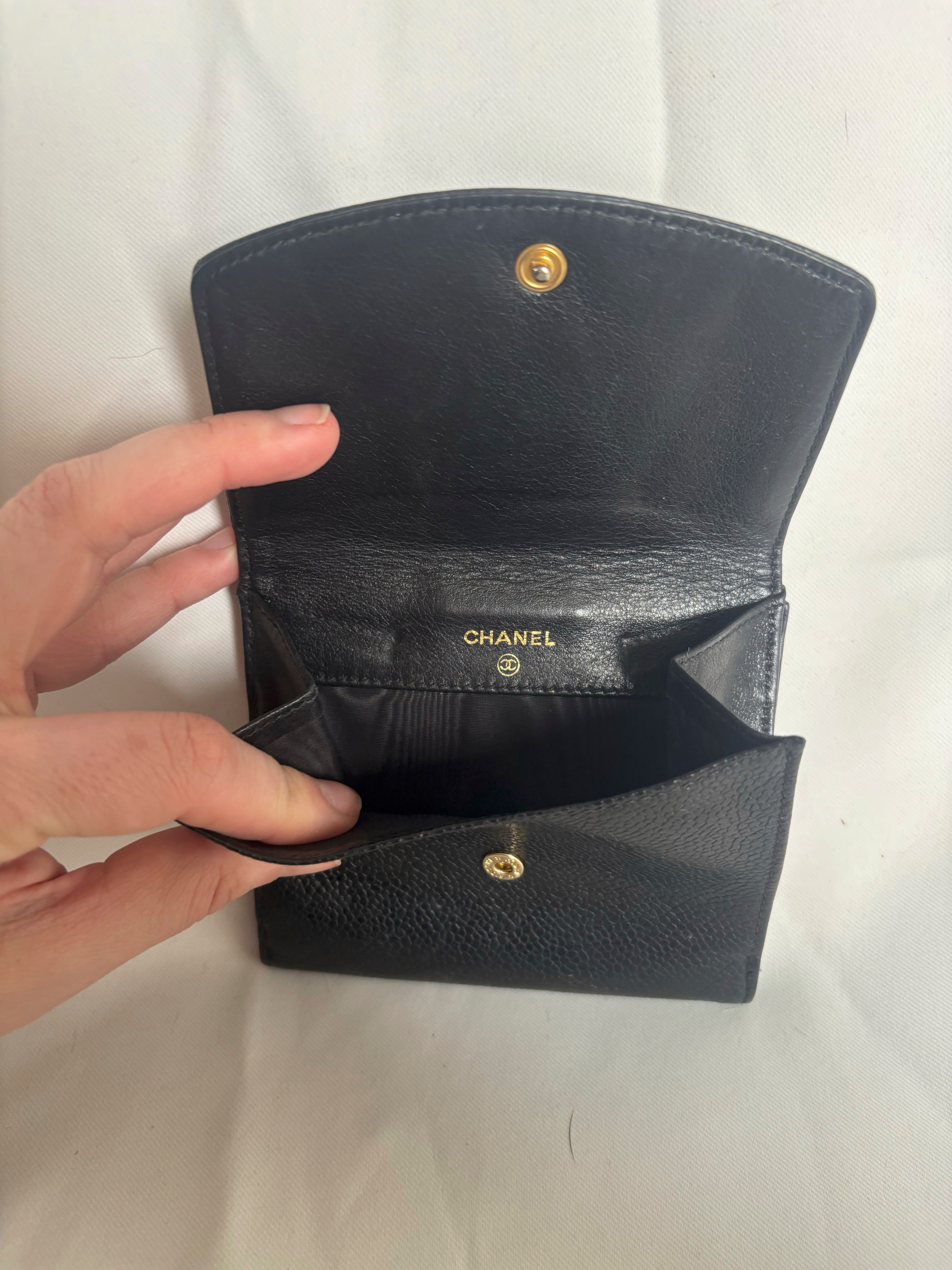 Chanel Black Caviar Timeless 'CC' Compact Wallet w/chain