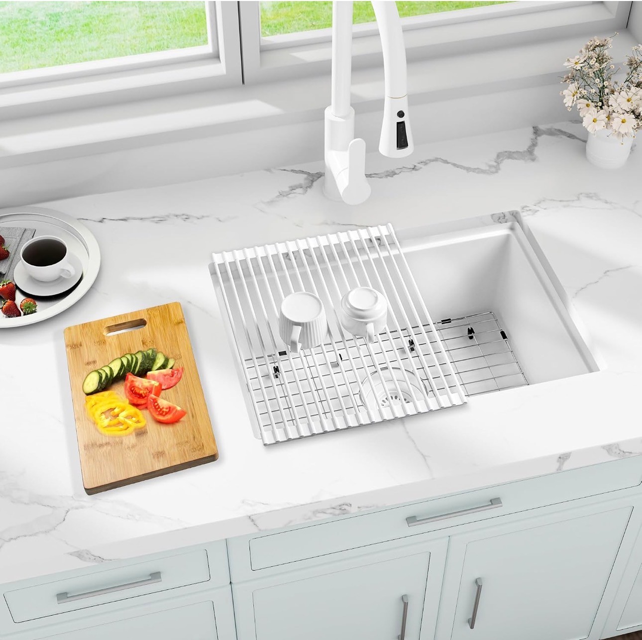 White Granite Quartz Kitchen Sink 25.59"X17.72" Large Deep Bowl