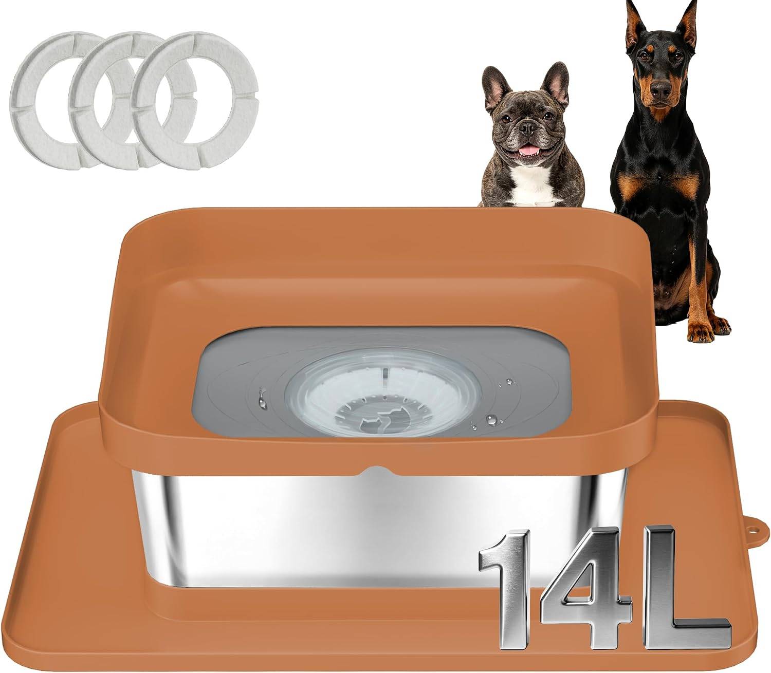14L Stainless Steel Dog Water Bowl No-Spill with Anti-Skid Mat