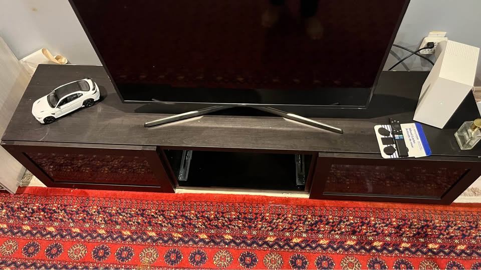 Moving Out Sale: Black-Brown TV Bench with Glass Doors - photo 3