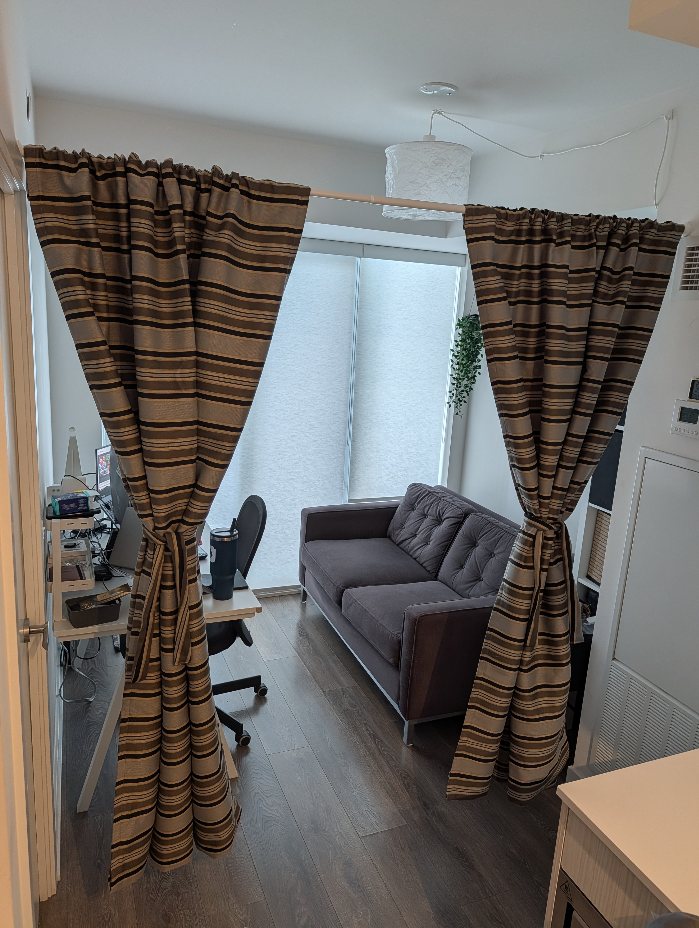 Pair of Striped Curtains with Tiebacks + Adjustable Tension Rod
