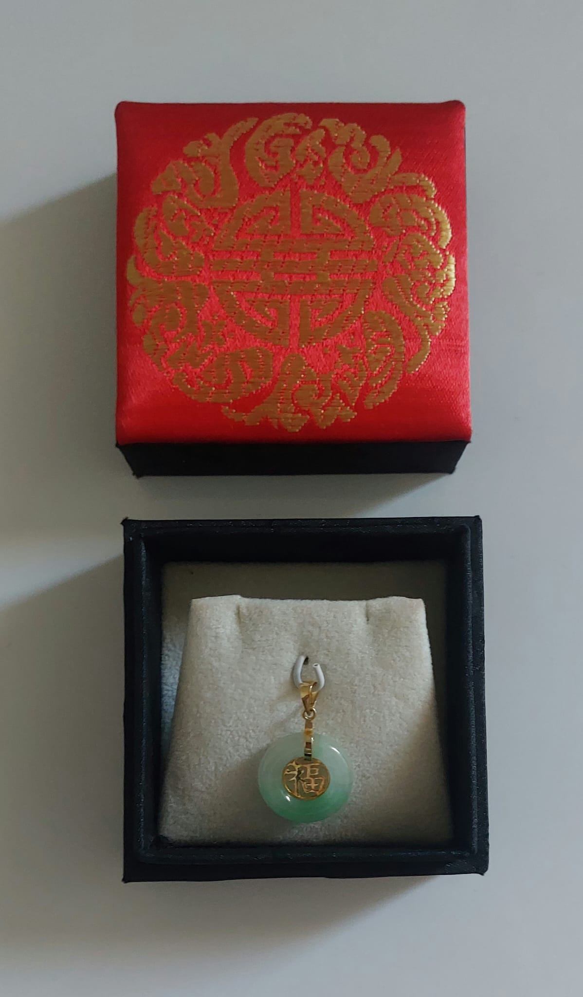 New 14K Yellow Gold & Genuine Green Jade “Fu” Donut Pendant
