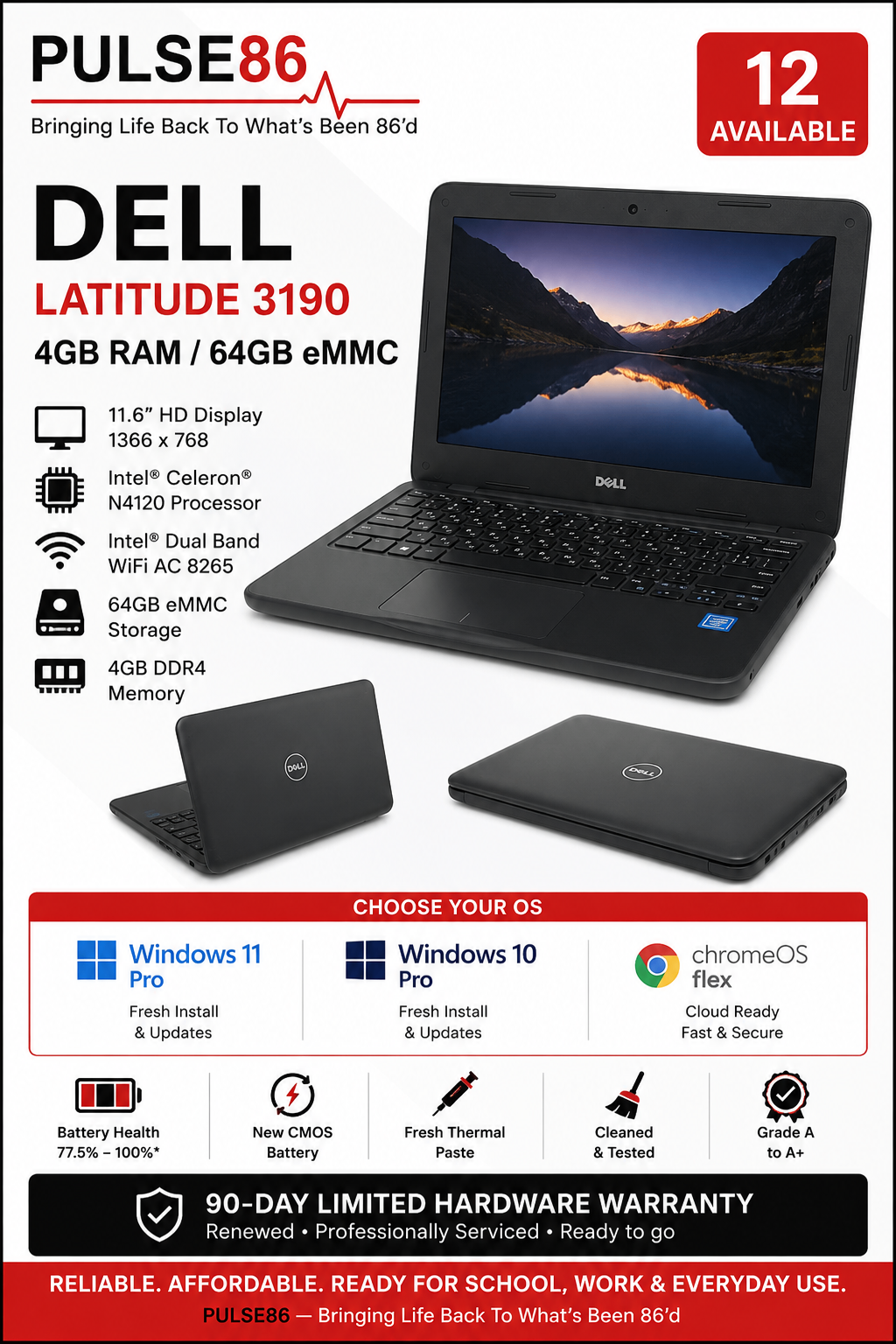 Dell Latitude 3190 11.6" Laptop Win 11P Win10 P ChromeOS Flex