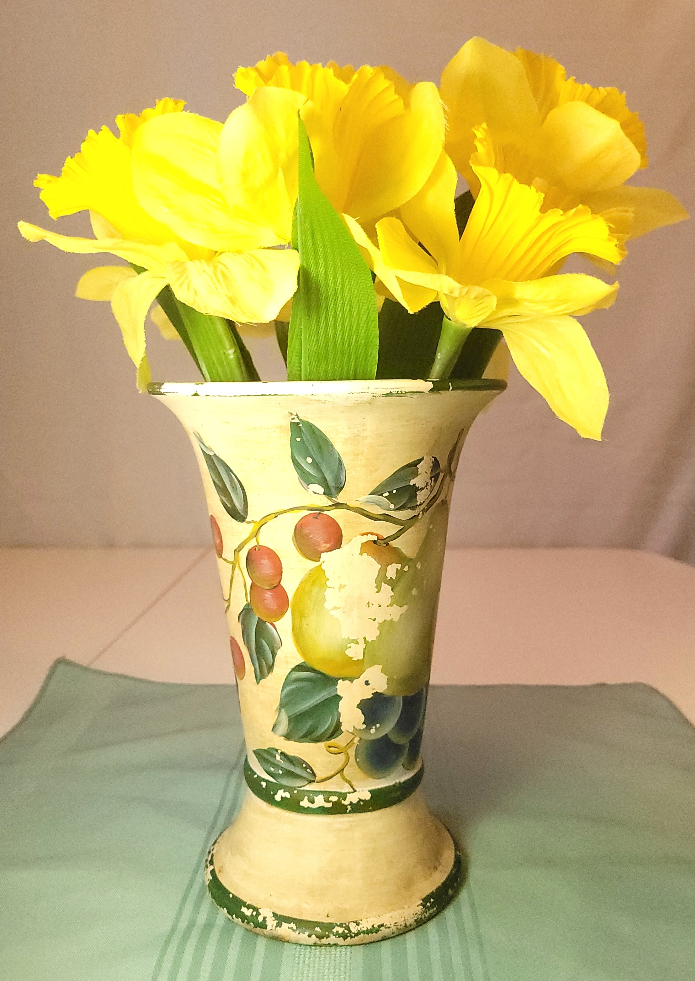 Circa 1990s Italian Style Hand Painted Tuscan Fruit Ceramic Vase