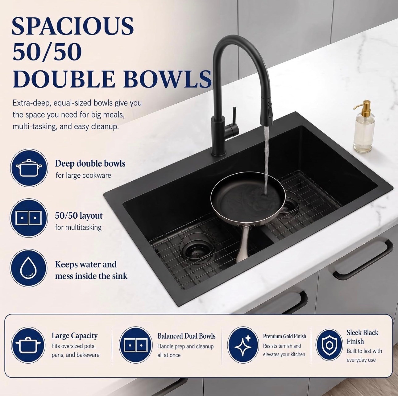 Black Double Bowl Kitchen Sink 50/50 33" x 22" 16 Gauge Stainles - photo 4