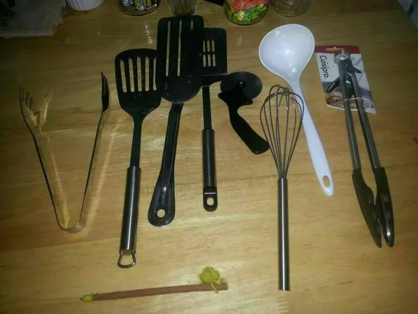 Assorted Kitchen Utensils: Mostly Stainless Steel, Some Plastic