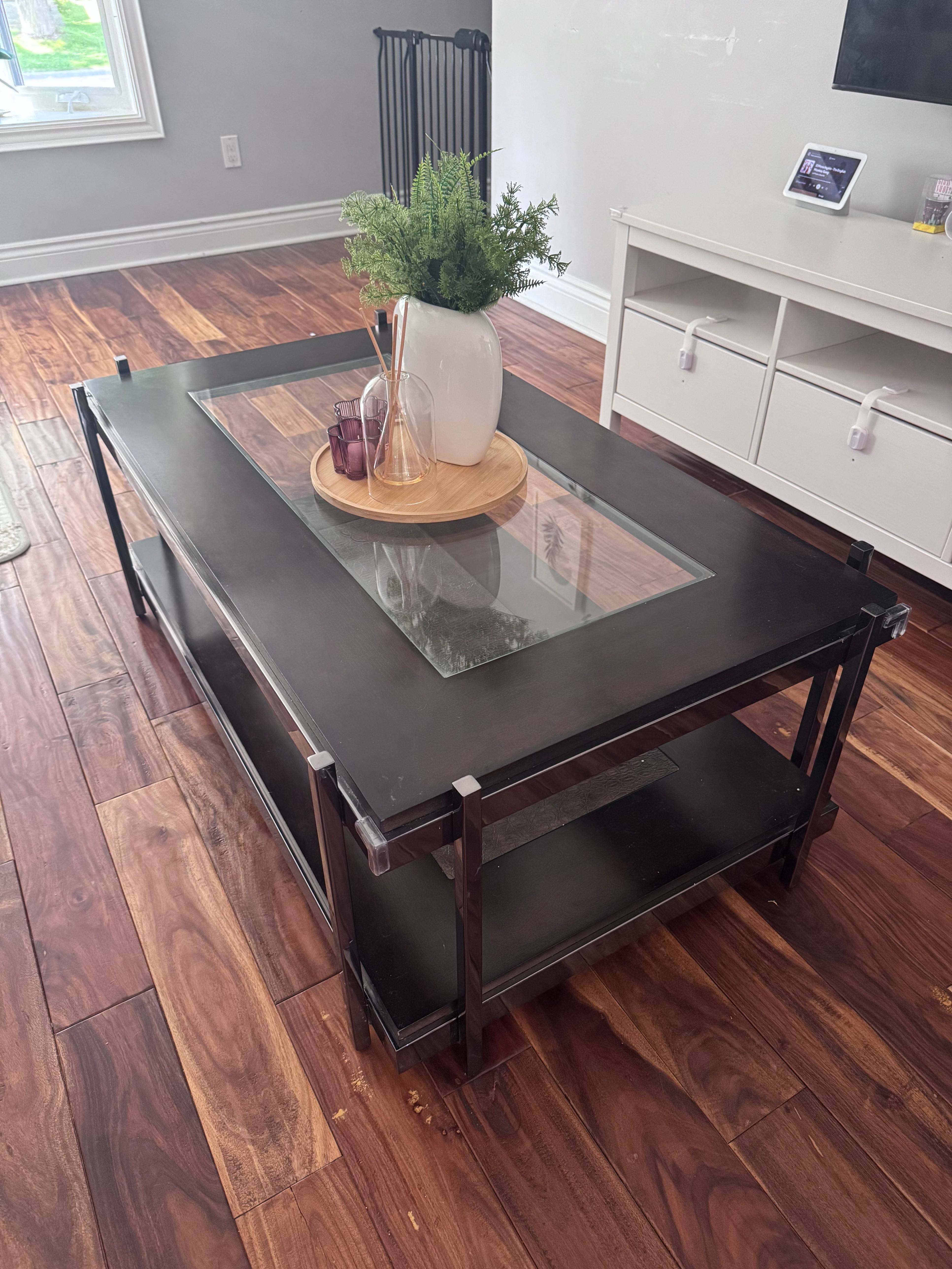 Large Black Coffee Table - Glass Top + Leather-Look Lower Shelf - photo 2