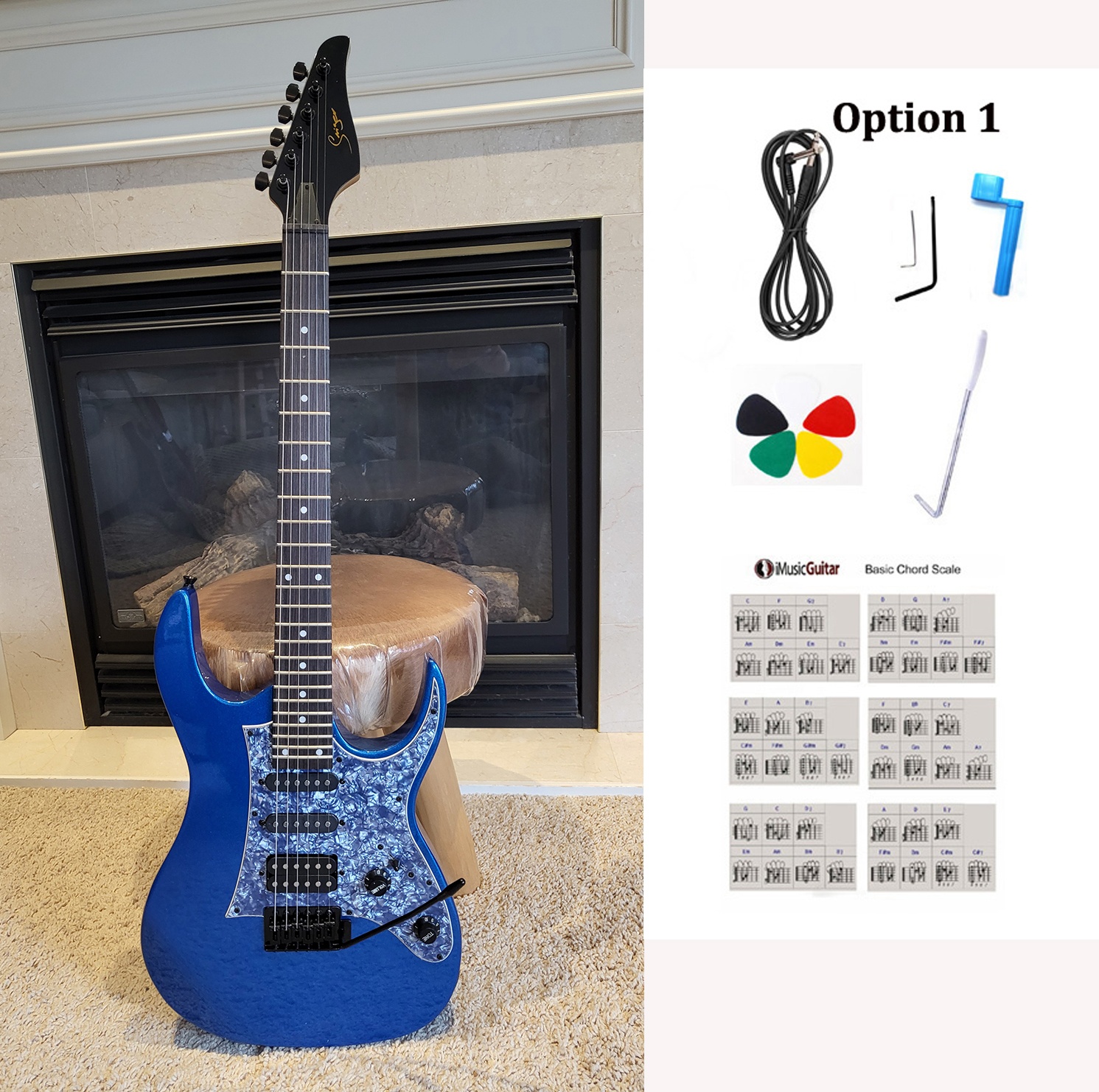 Brand New Full Size Electric Guitar – Blue Finish, HSS, Tremolo