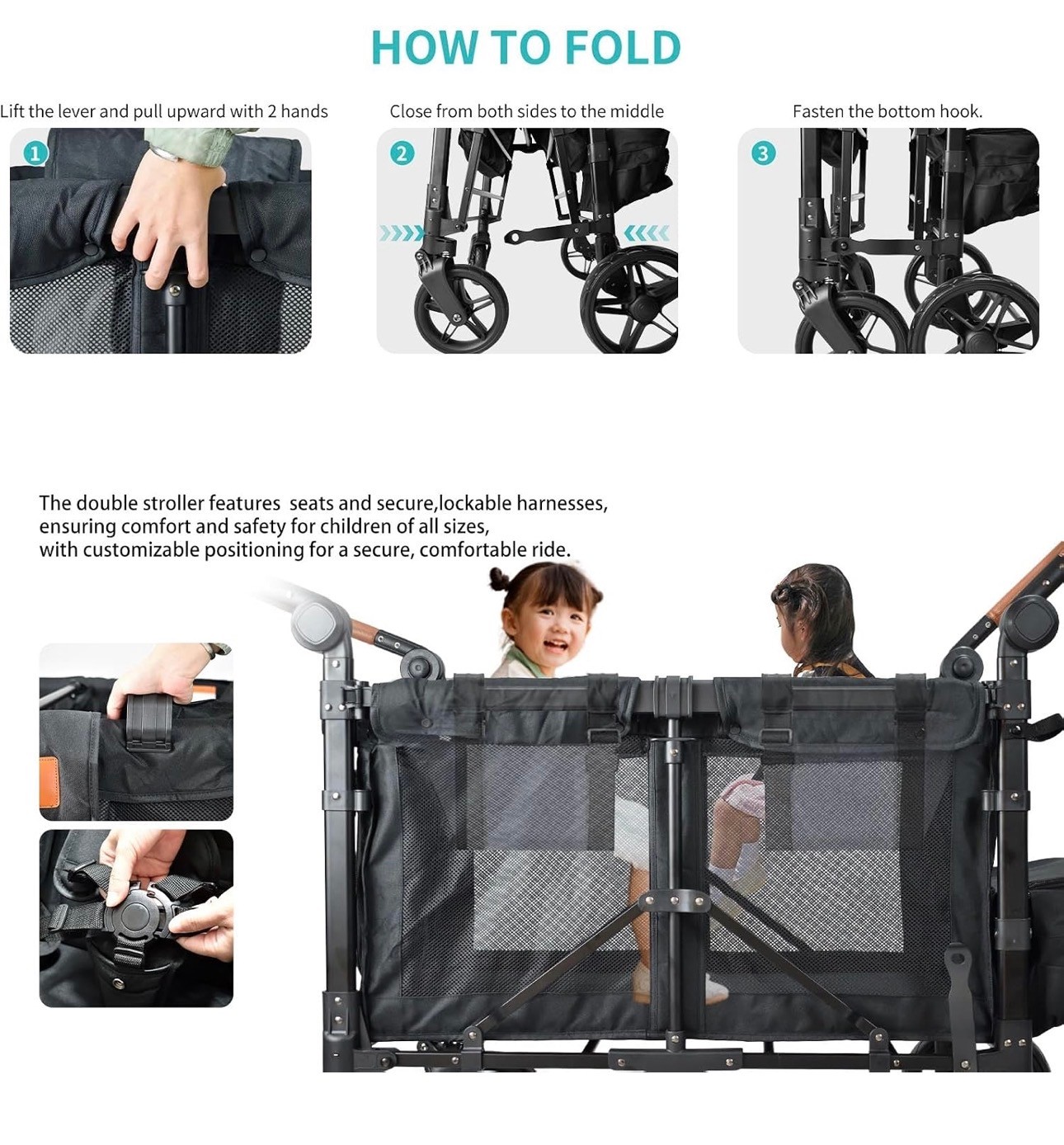 Stroller Wagon 4 Seat 5-Point Harnesses Foldable Heavy duty - photo 3