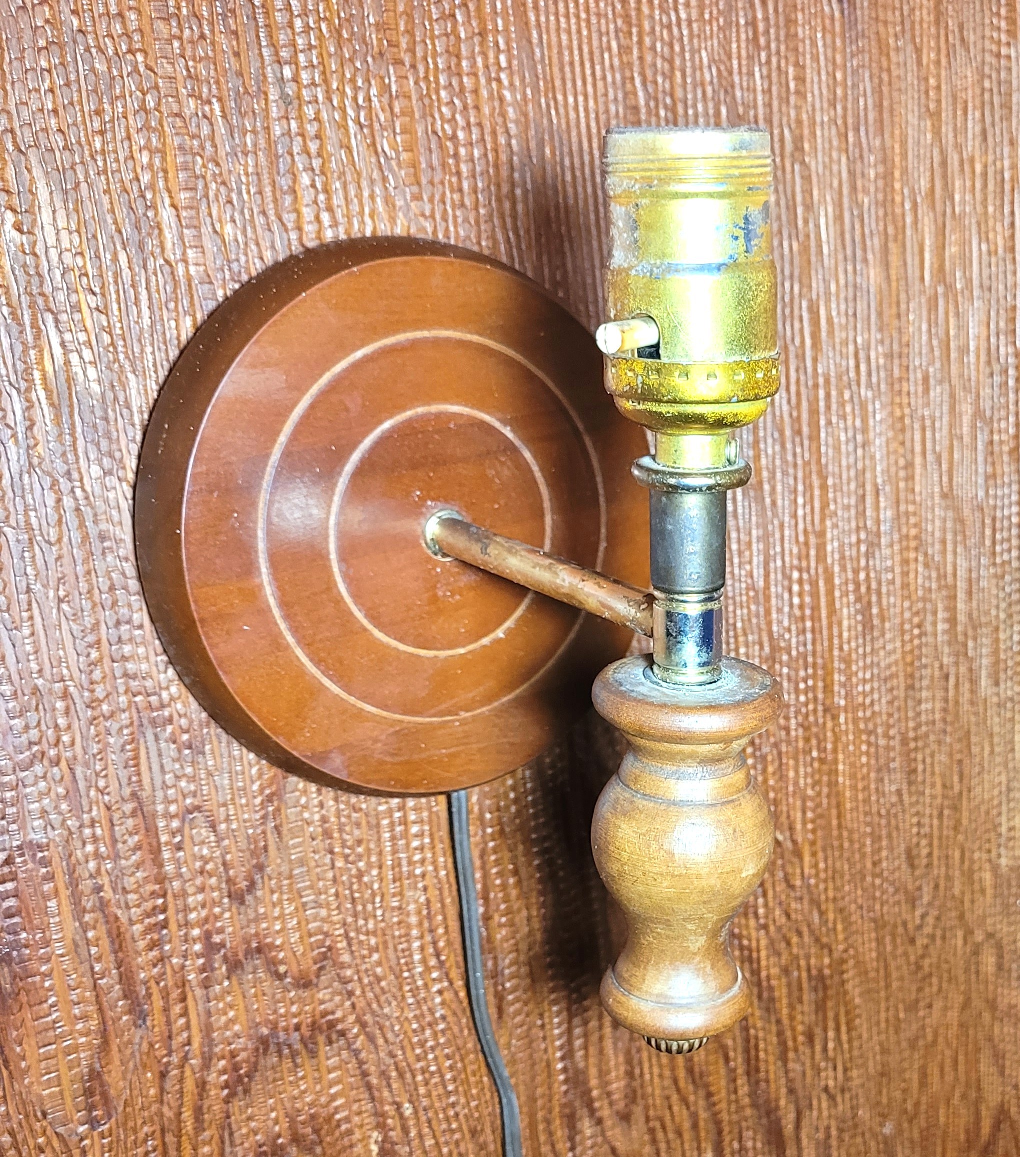 1970 Wall Sconce Lamp Turned Wood Base Yellow Woven Burlap - photo 5