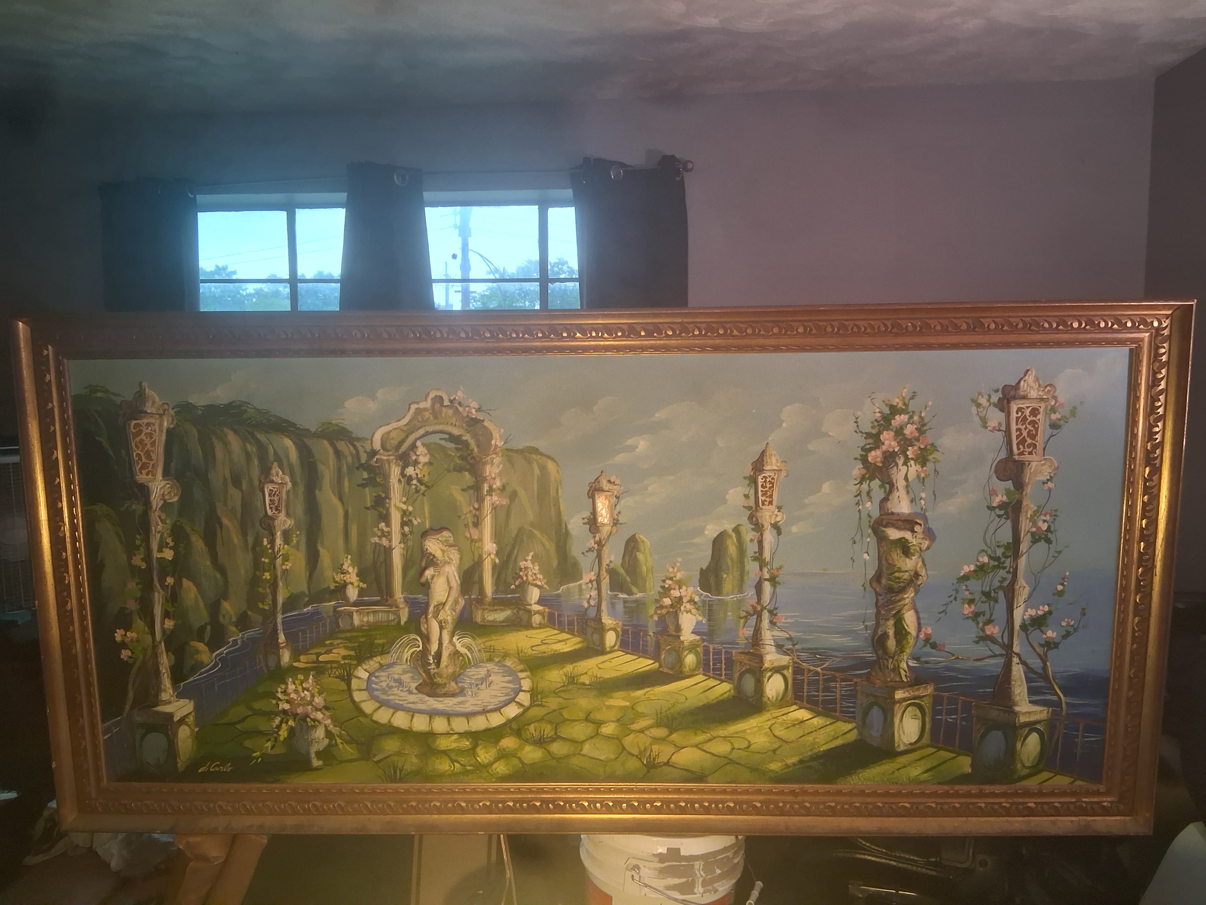 Framed Vintage Oil Painting "Di Carlo" Italian Garden Scene - photo 2