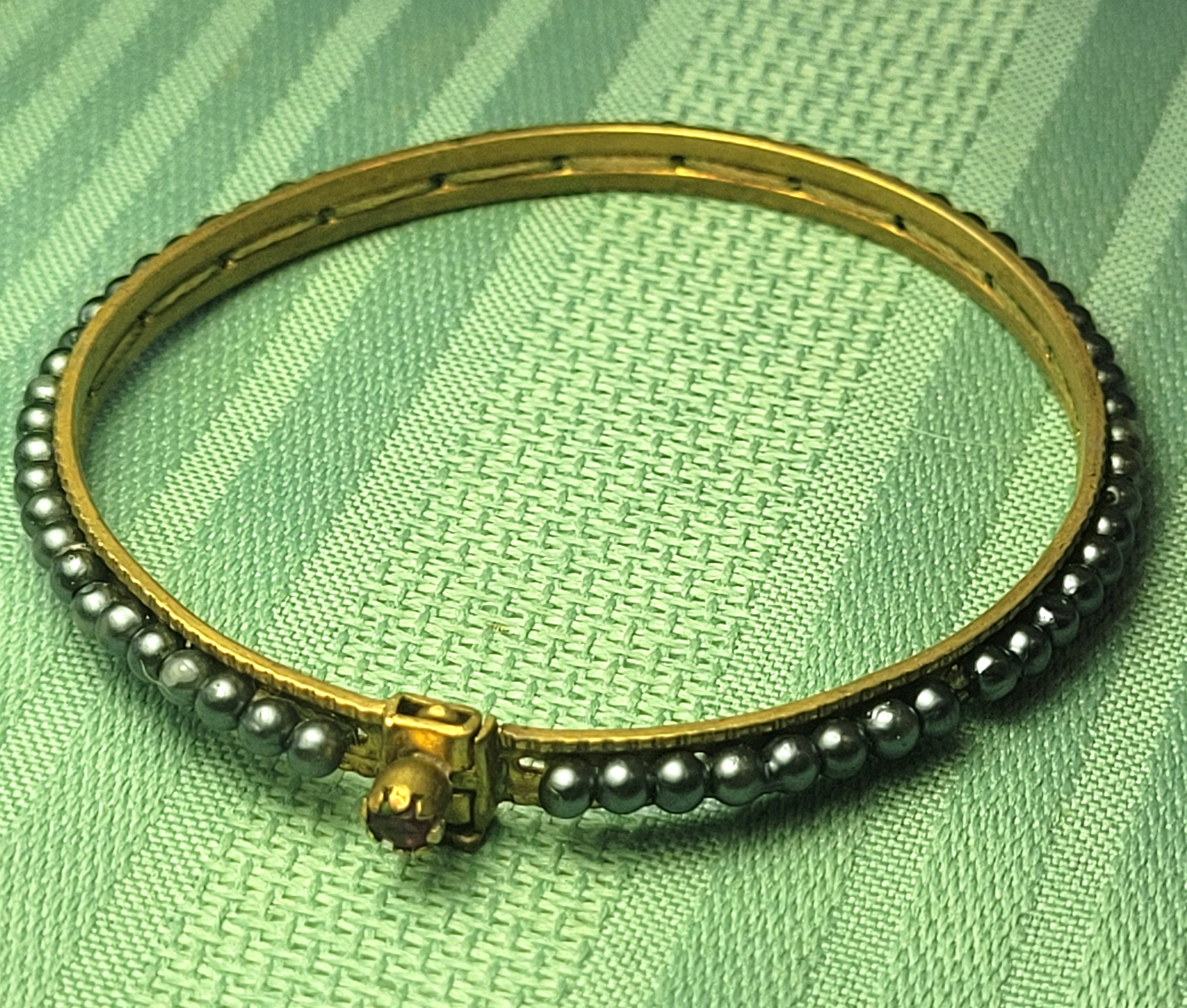 Sloan & Co Antique 1900 Ruby Red Glass Seed Pearl Hinge Bangle - photo 2