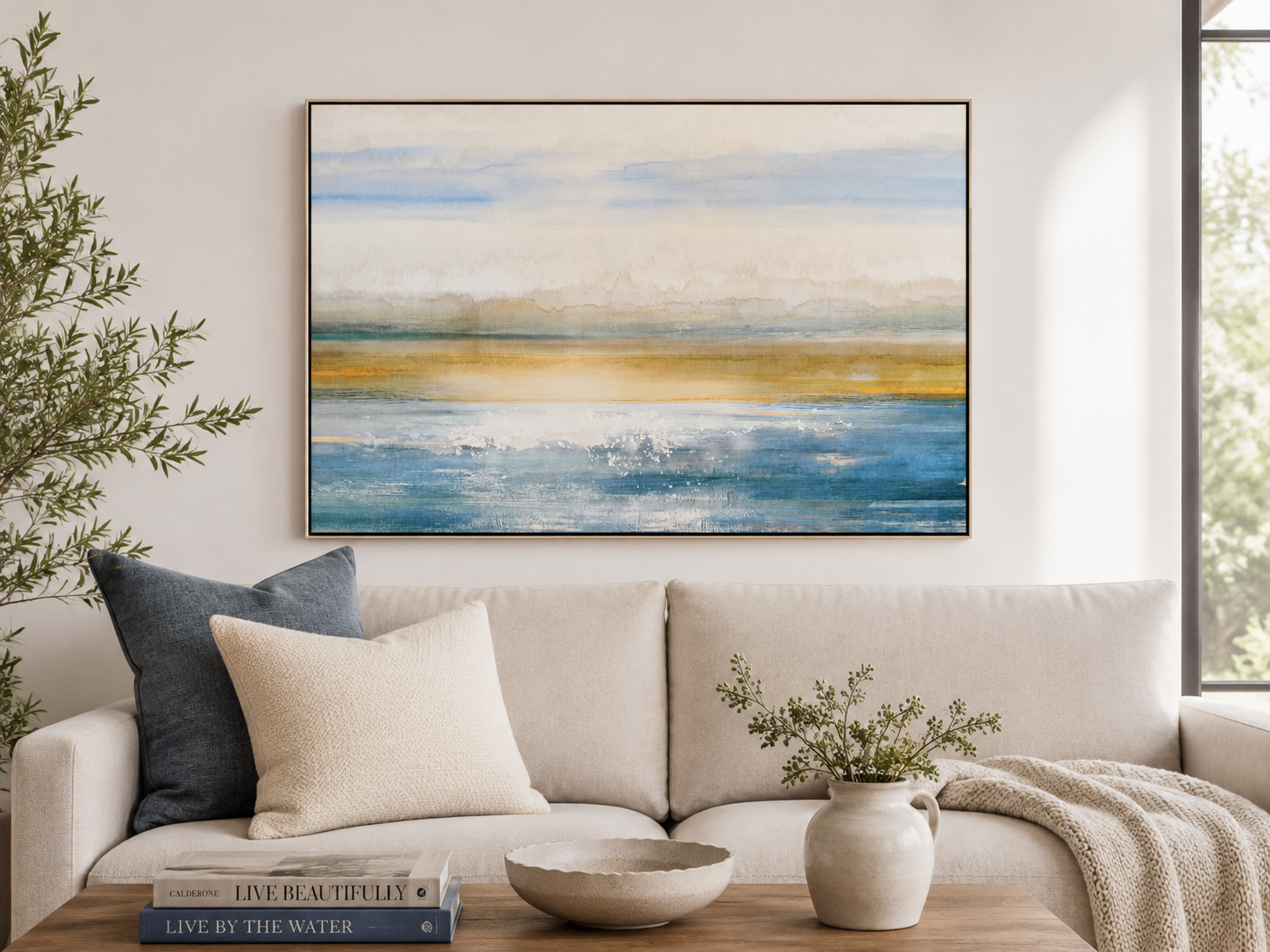 Large Framed Abstract Seascape Painting (37"W x 25"H) - photo 3