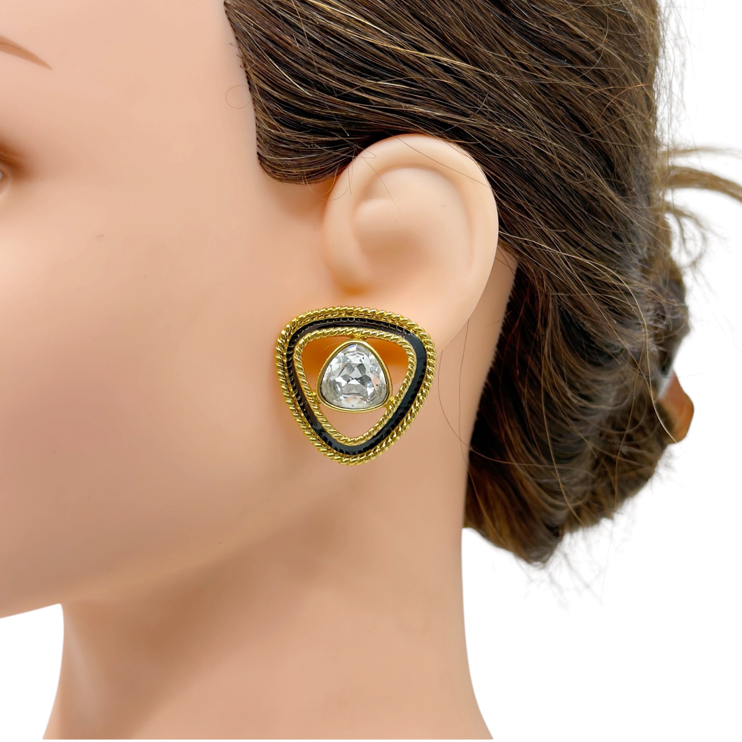 Swarovski crystal Gold tone black enamel triangular earrings - photo 5