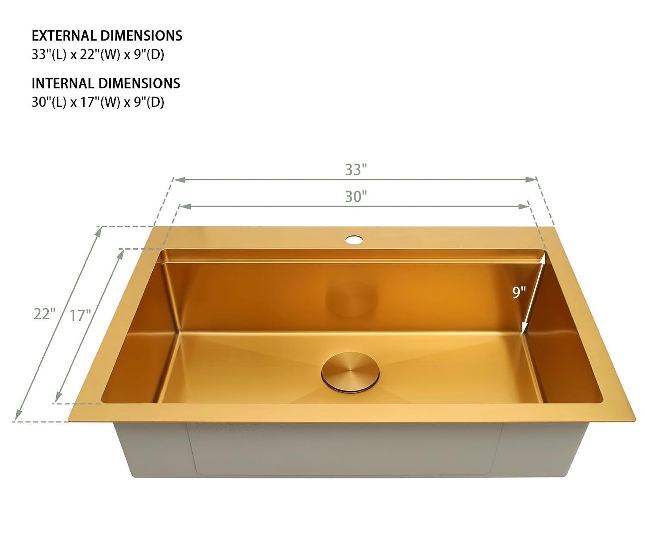 Gold Kitchen Sink 304 Stainless Steel 33"x22"x9" Single Bowl - photo 3