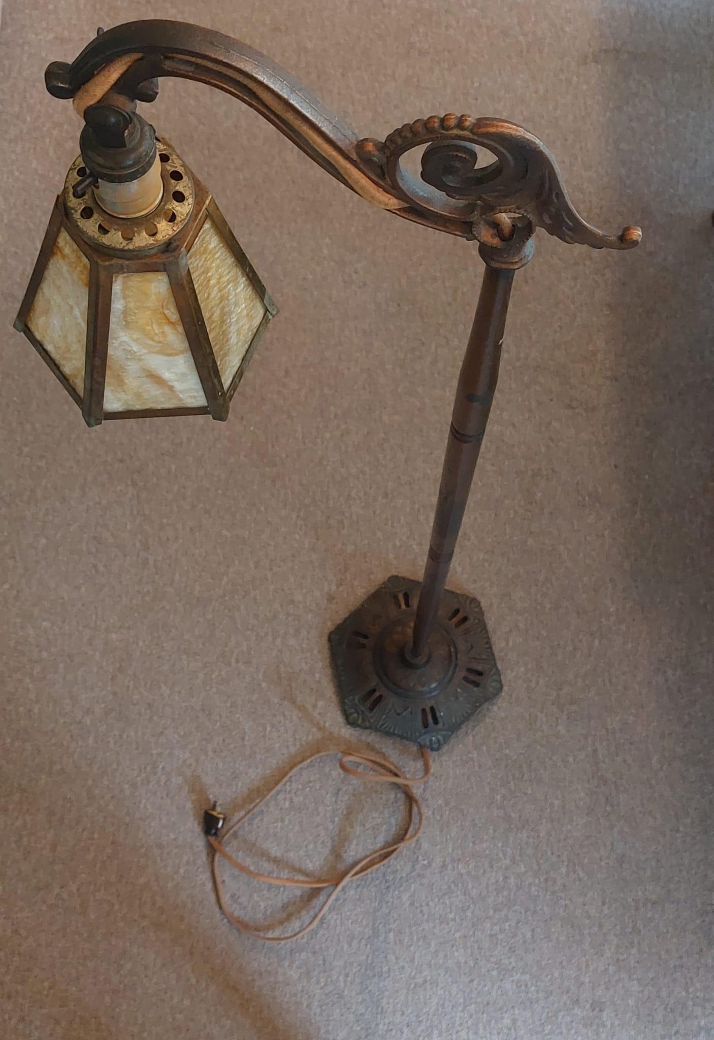 1920s Antique Bridge Arm Floor Lamp - Caramel Slag Glass - photo 3