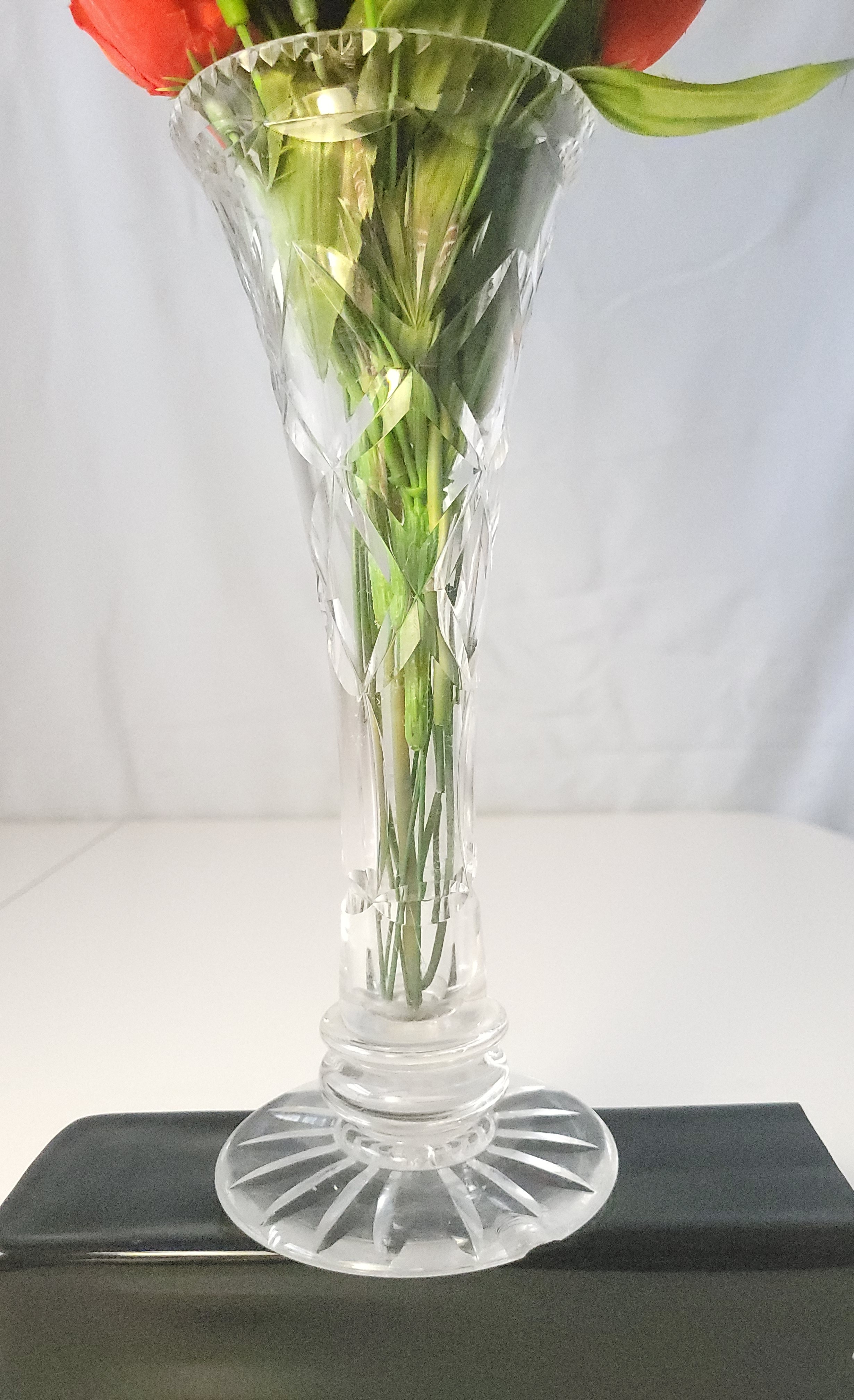 1980s Cut Crystal Trumpet Vase 9.75” Starburst Base Faux Flowers - photo 2