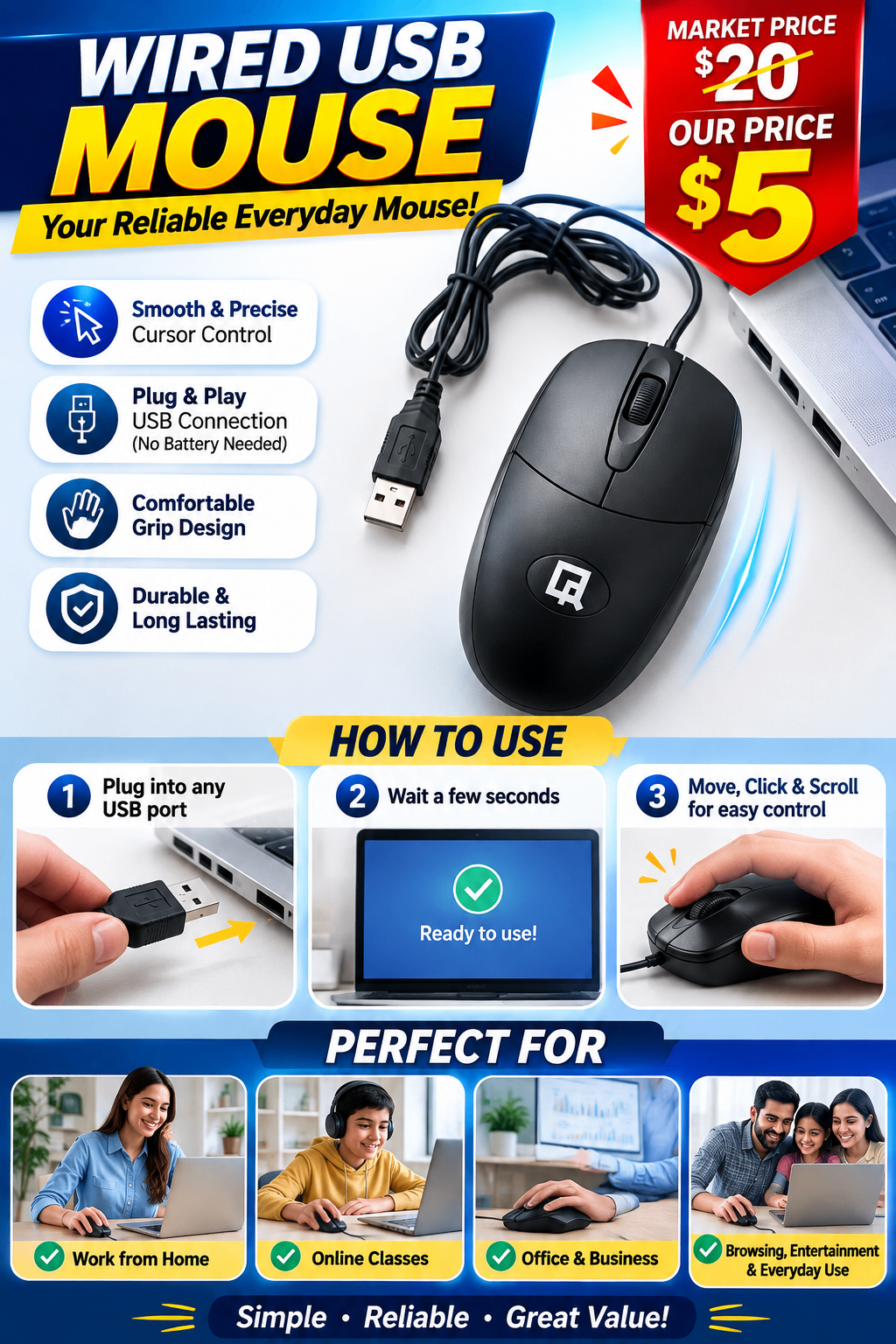 Black Wired USB Mouse | Plug & Play | - photo 2