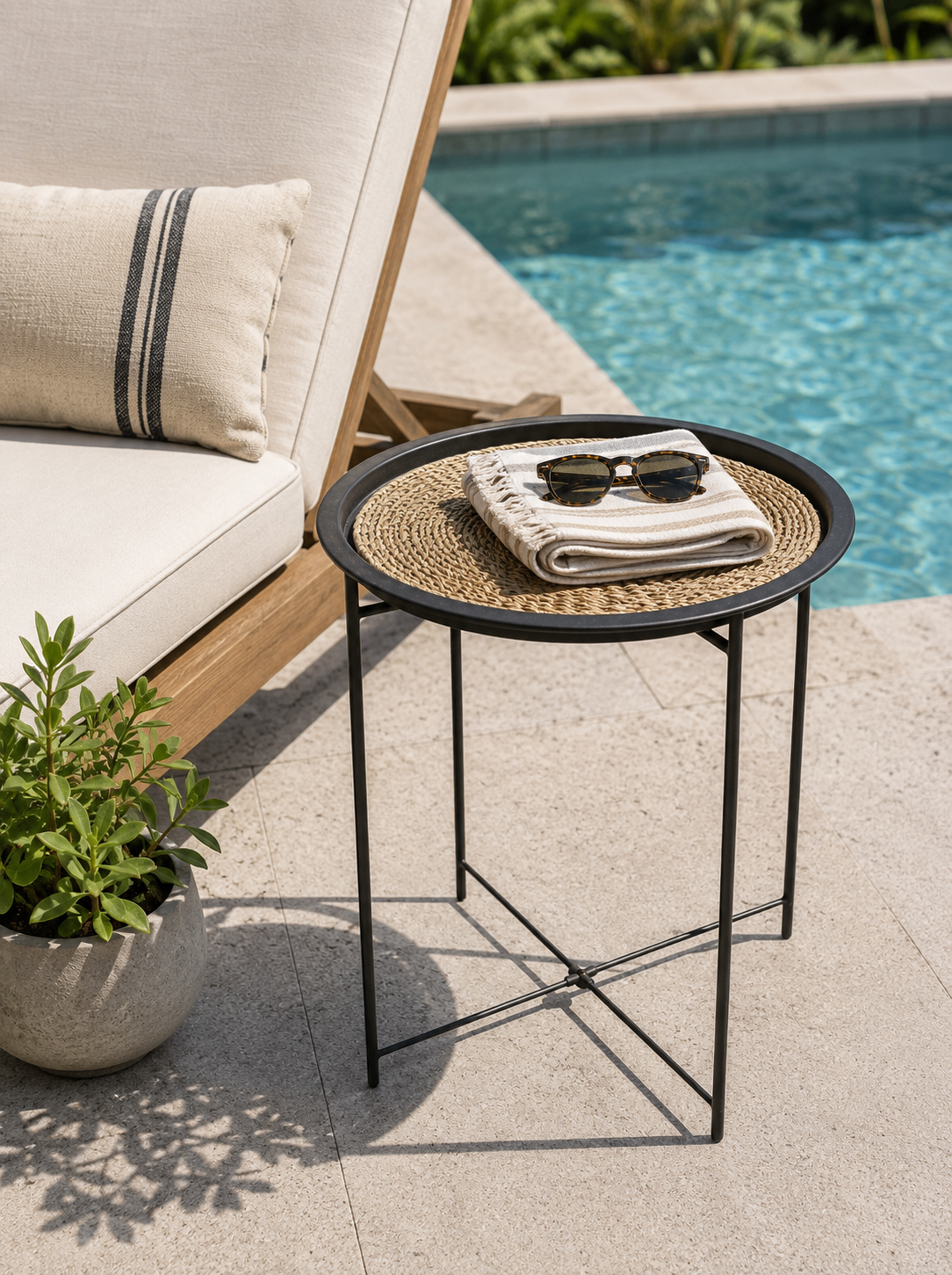 Folding Black Metal Round Tray-Top Side Table with Rattan Insert