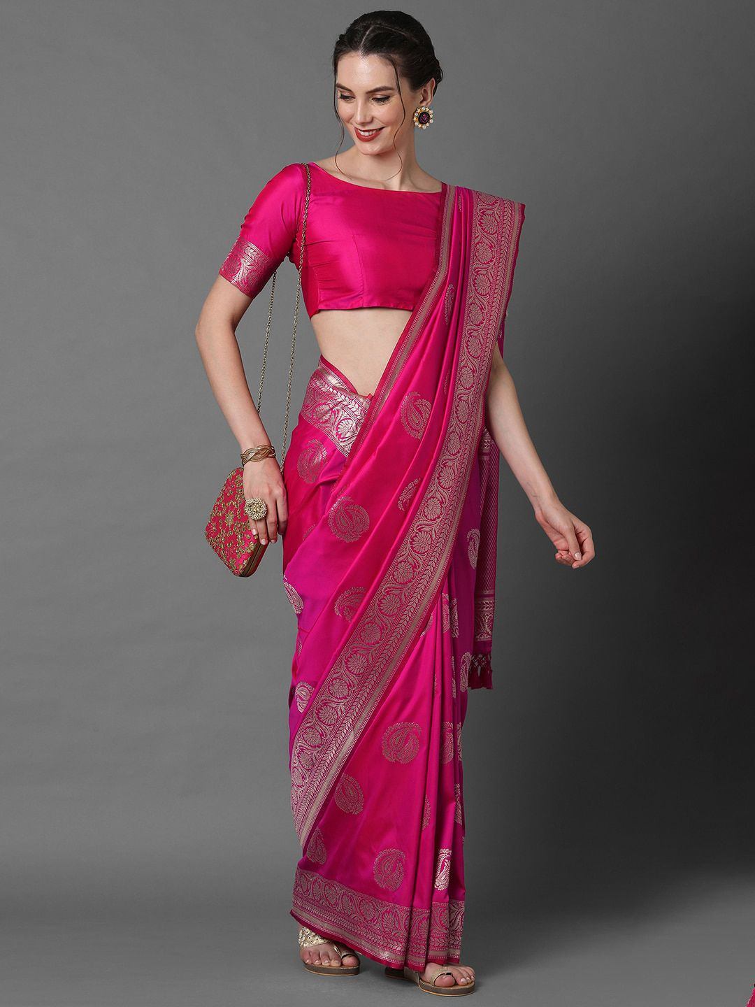 Hot Pink Silk Saree with Silver Border