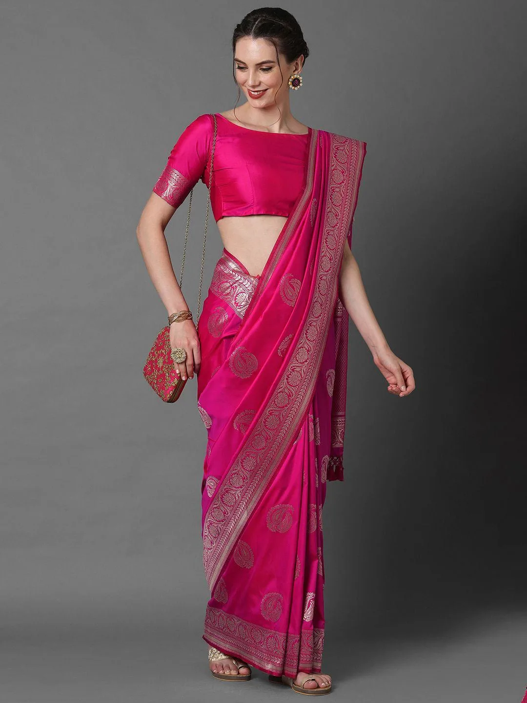 Hot Pink Silk Saree with Silver Border