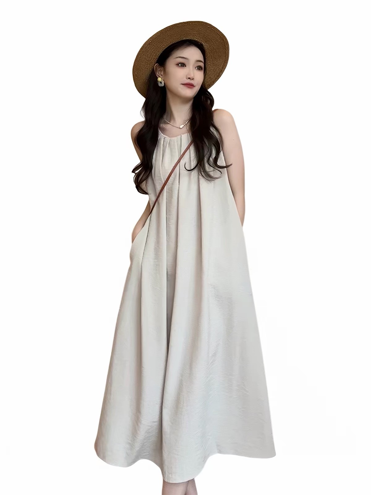 Women’s Beige Pleated Sleeveless Maxi Dress – Size L