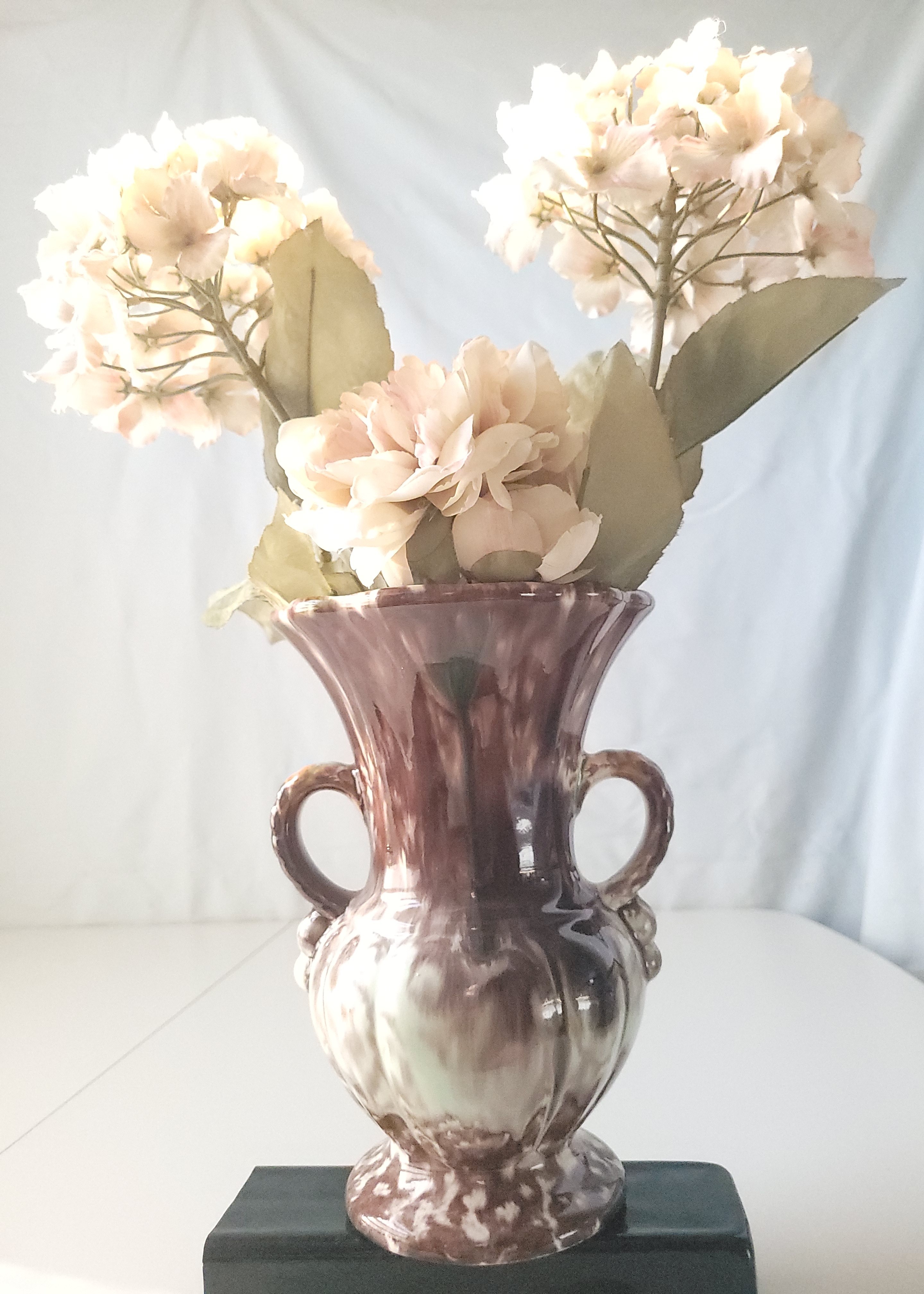 1970 Double Handled Drip Glaze Ceramic Vase Floral Arrangement