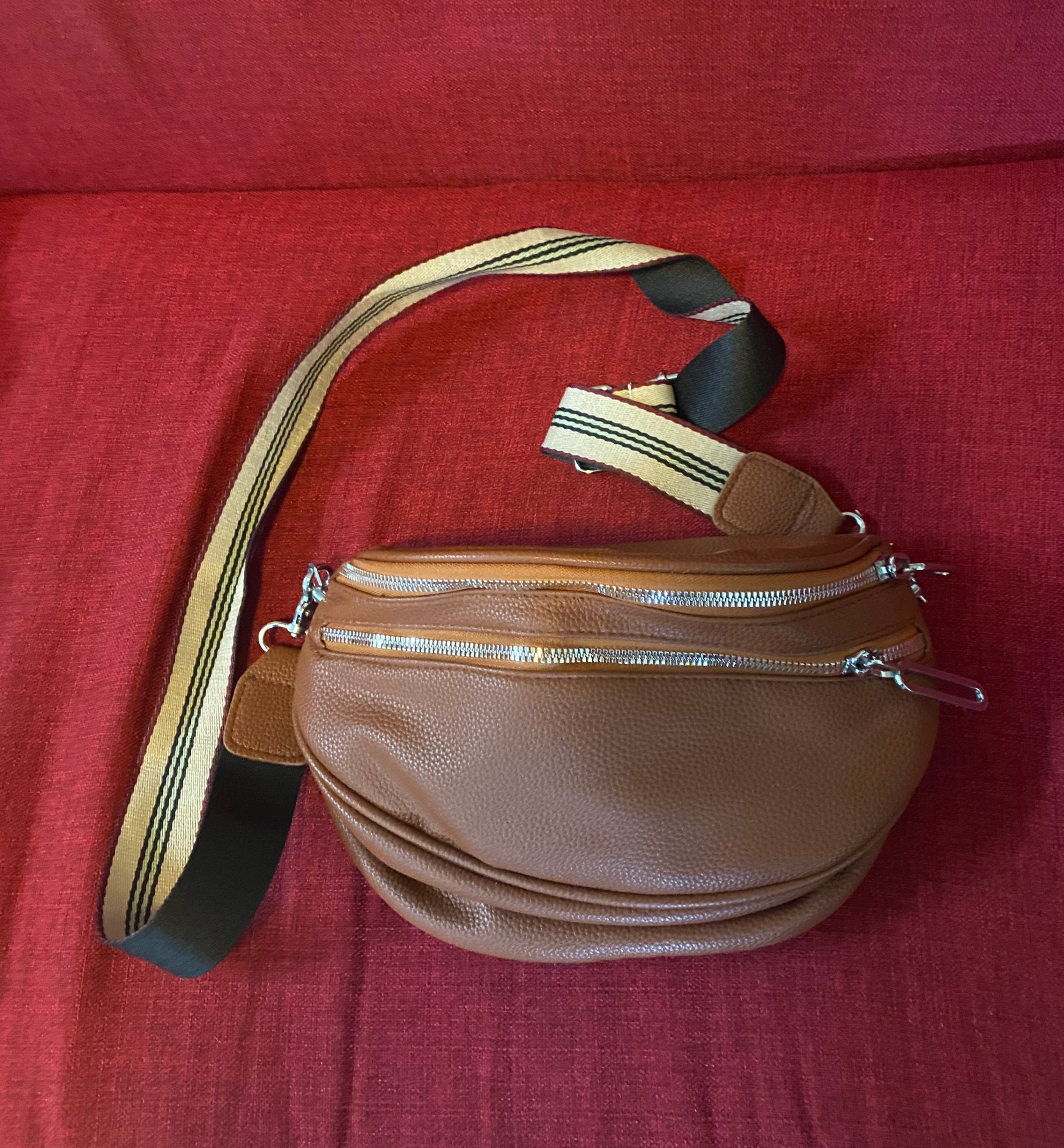 Brown Faux Leather Purse with Striped Strap