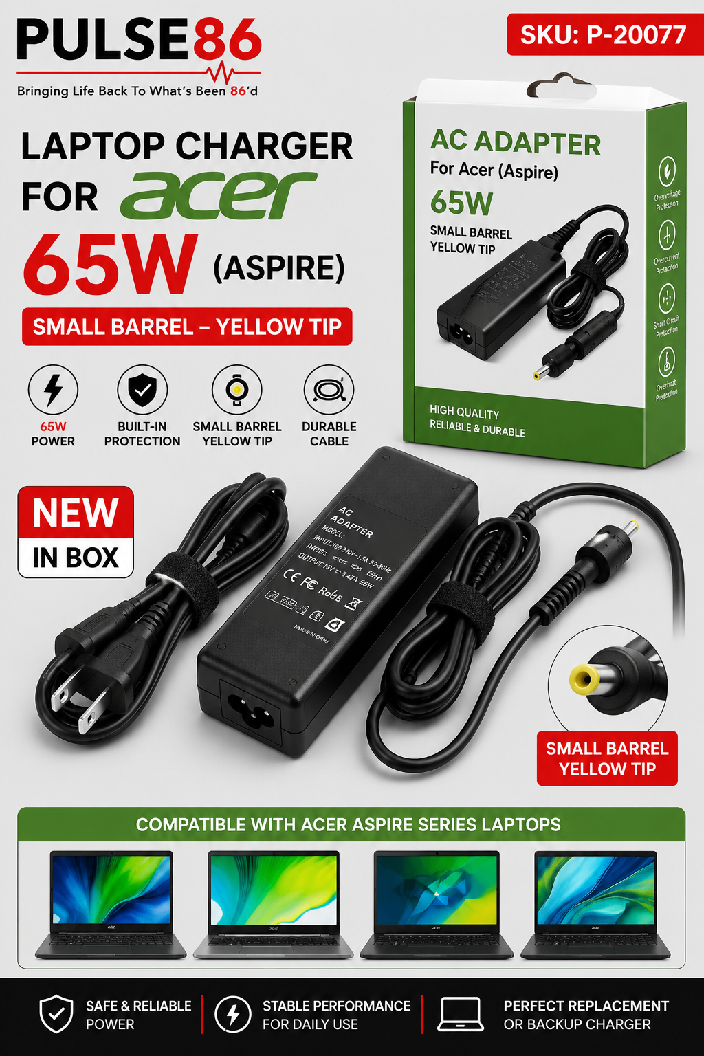Acer 65W Laptop Charger – Small Barrel Yellow Tip – NEW IN BOX