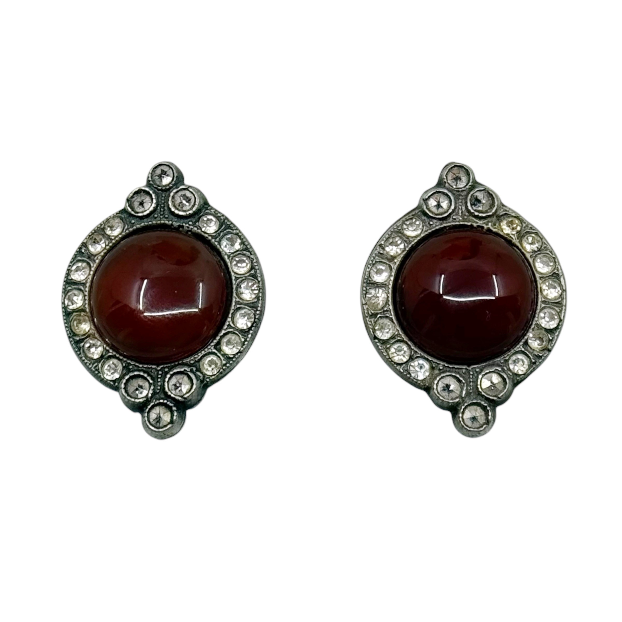 Silver Plated carnelian rhinestone & marcasite stud earrings