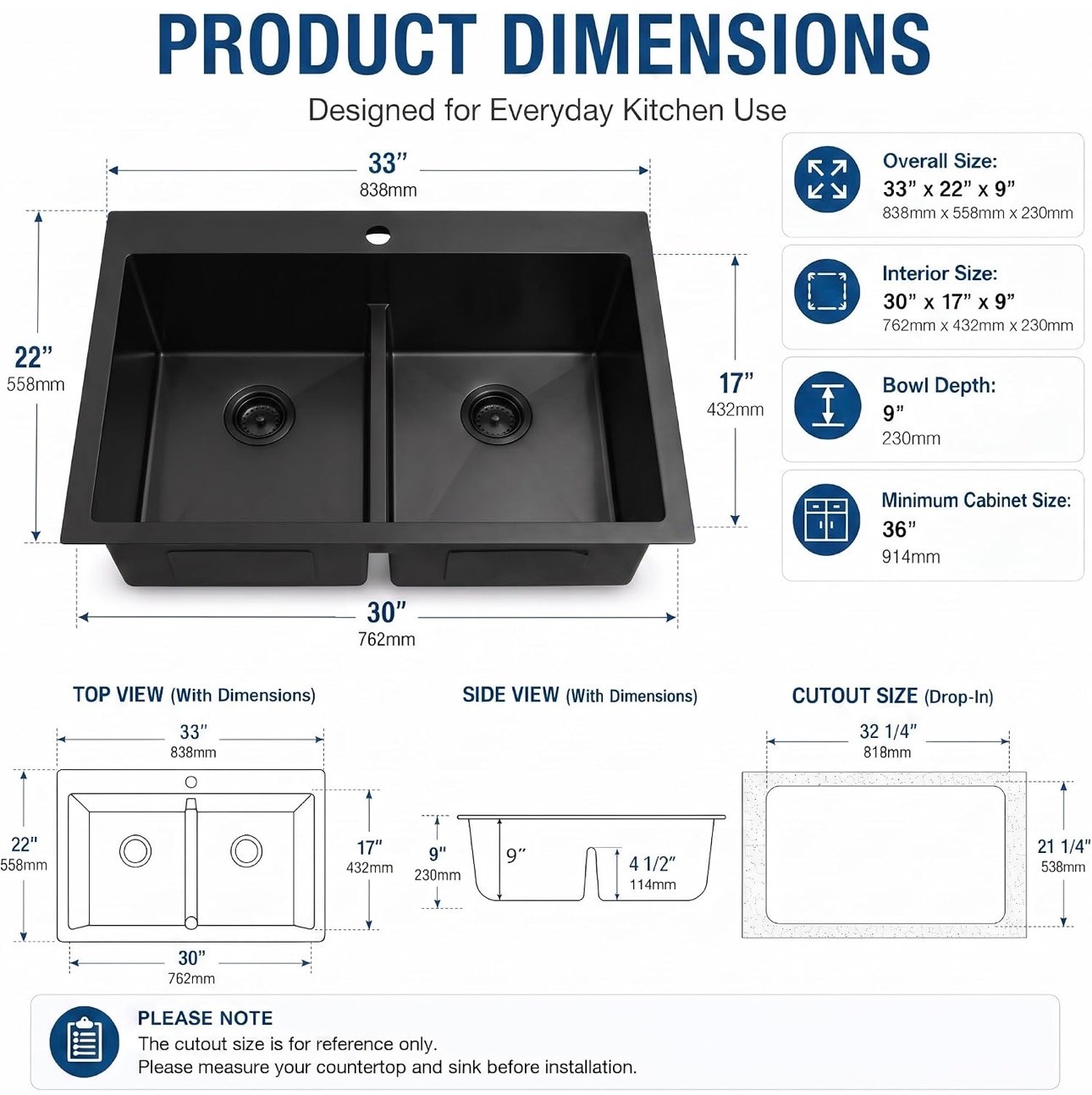 Black Double Bowl Kitchen Sink 50/50 33" x 22" 16 Gauge Stainles - photo 3