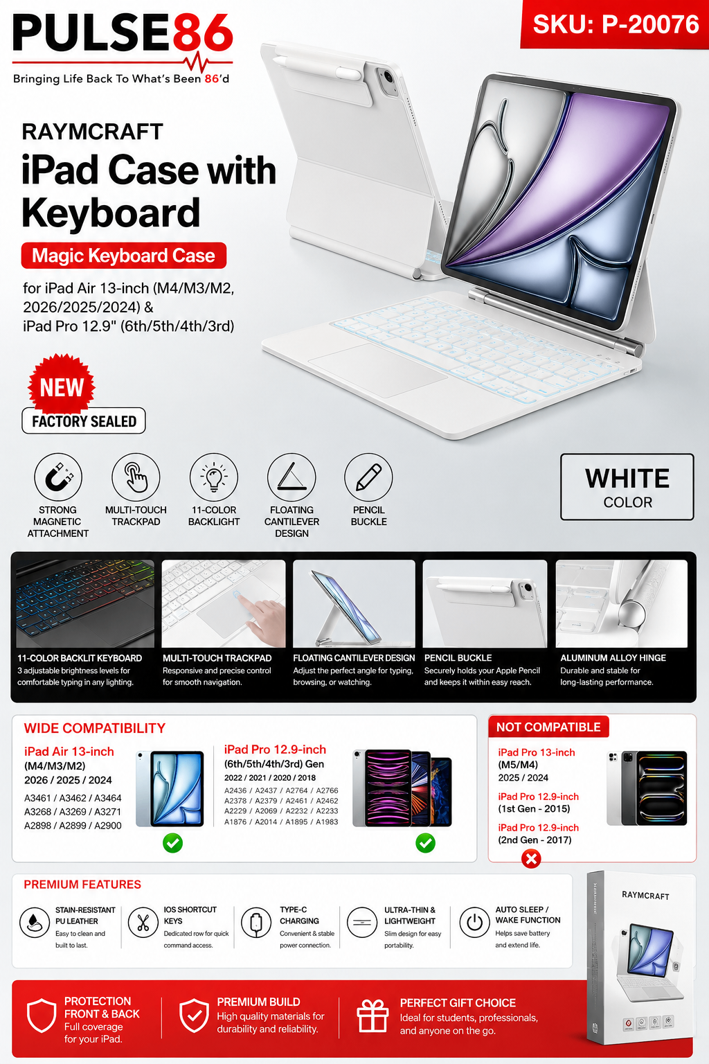 RAYMCRAFT iPad Air 13" / iPad Pro 12.9" Wireless Keyboard Case