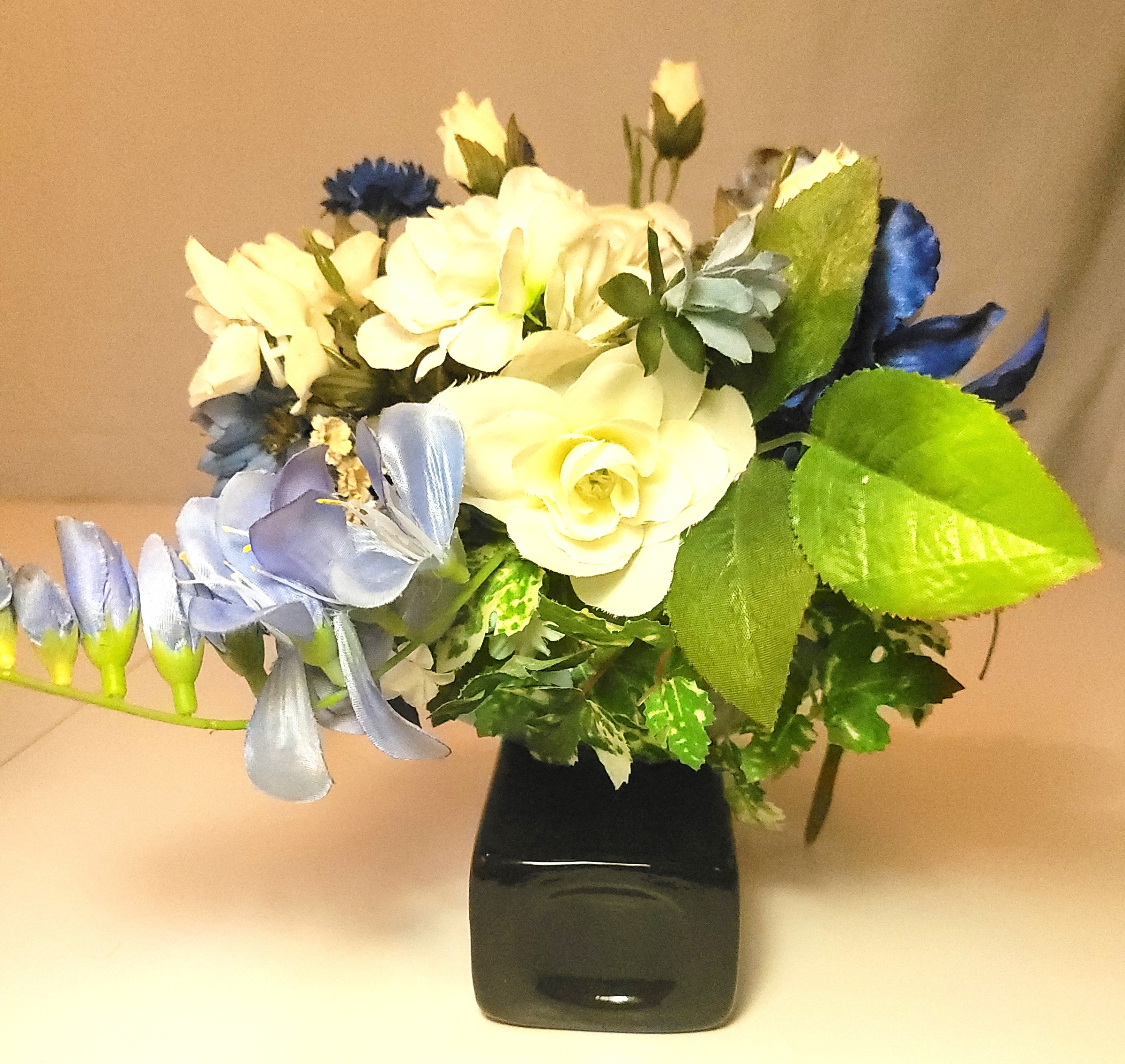 Vintage Blue & White Faux Floral Arrangement in Light Blue Bowl