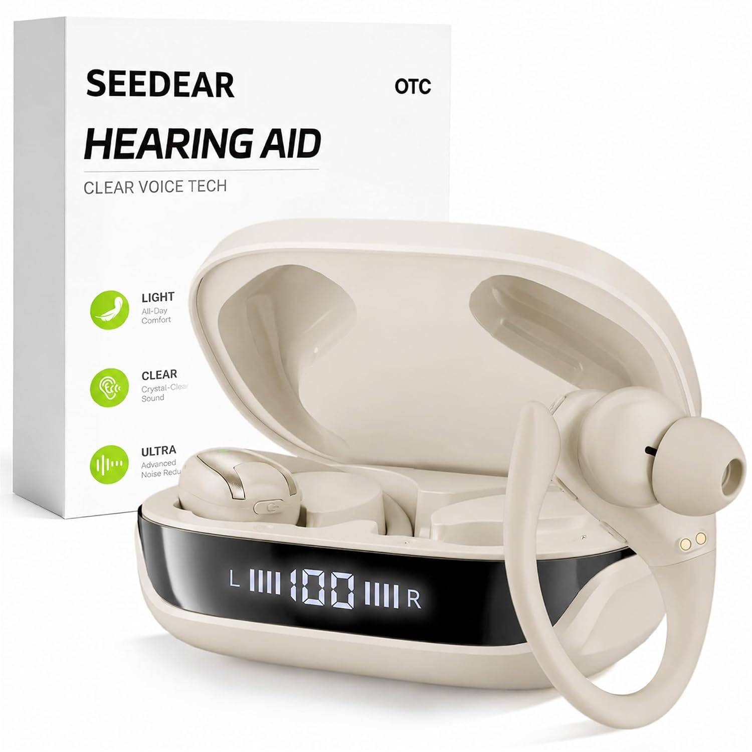 NEW~ OTC Rechargeable Hearing Aids, Noise Reduction, Cream