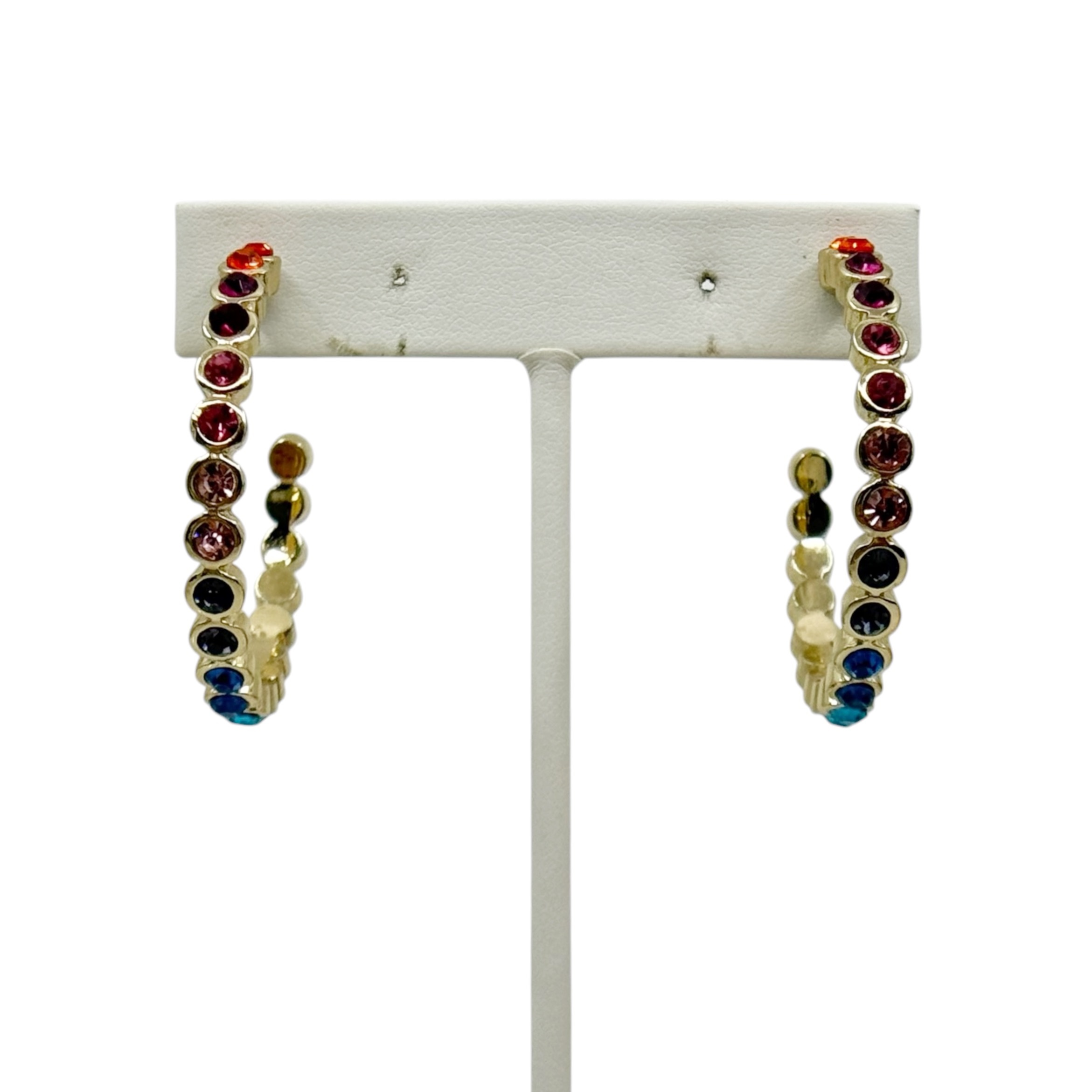 Gold tone rainbow rhinestone hoop earrings