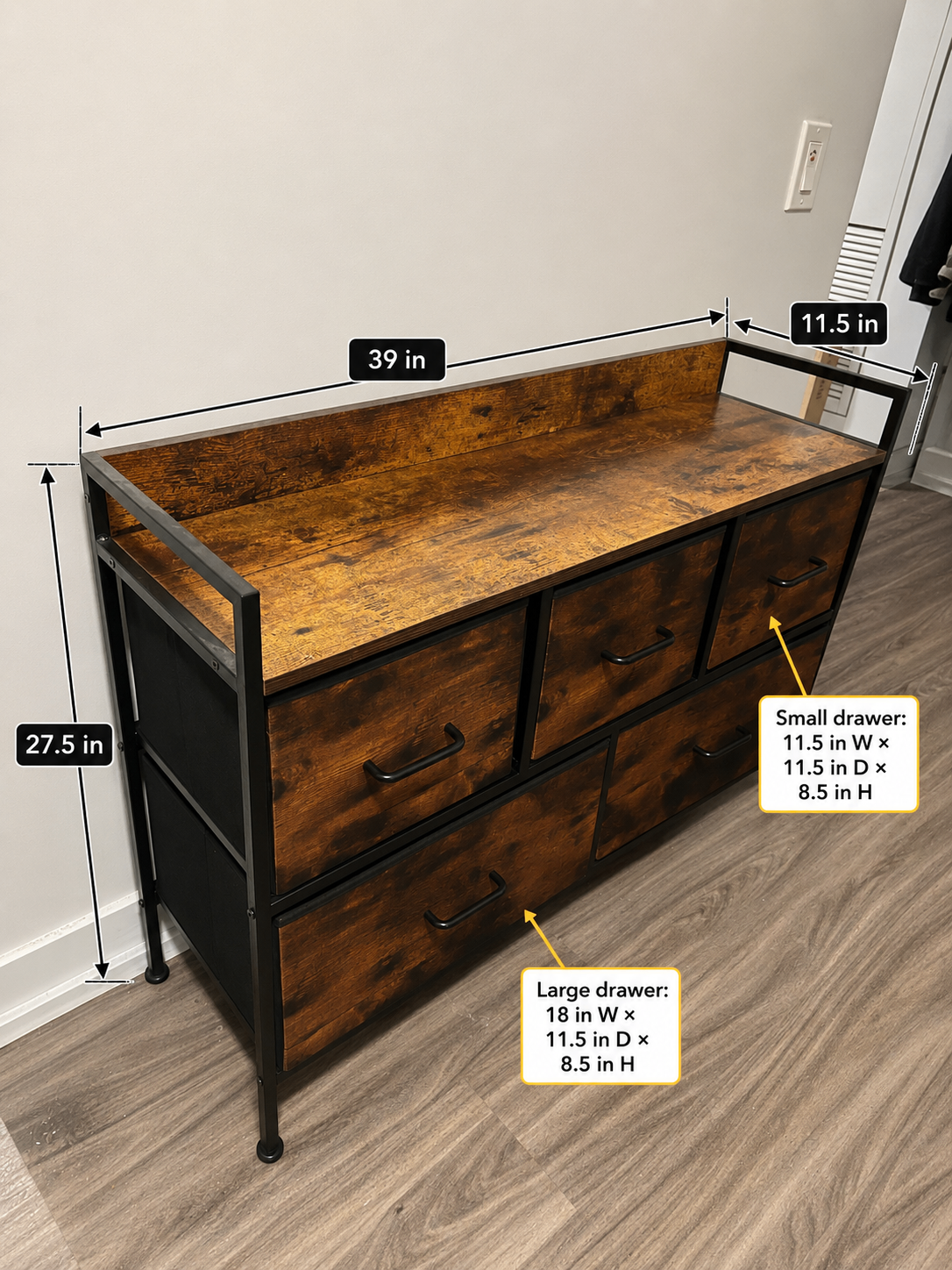 5-Drawer Fabric Dresser / Storage Chest – Rustic Brown & Black - photo 3