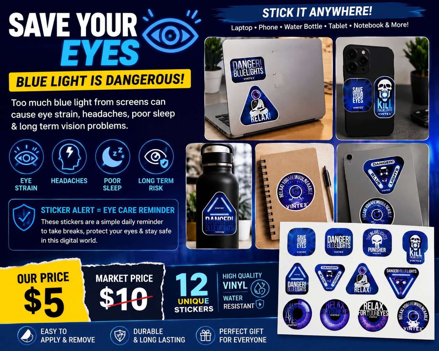 Vintez Blue Light Warning Vinyl Sticker Pack | - photo 2