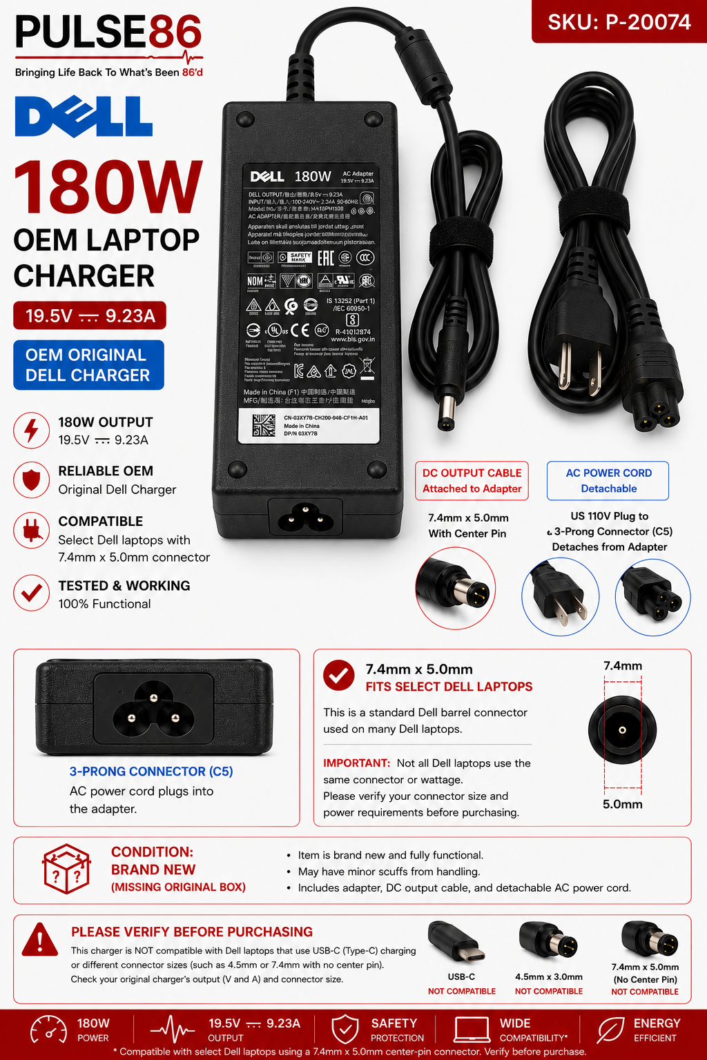 Dell OEM 180W Laptop Charger 19.5V 9.23A – 7.4mm Center Pin NEW