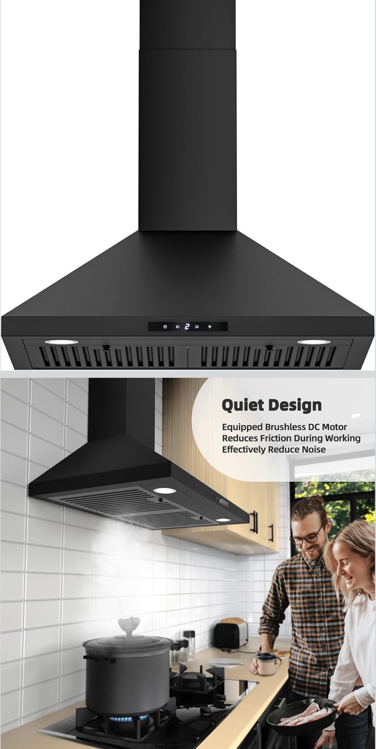 Black Range Hood 30" Stainless Steel Touch Control 9-Speed Fan