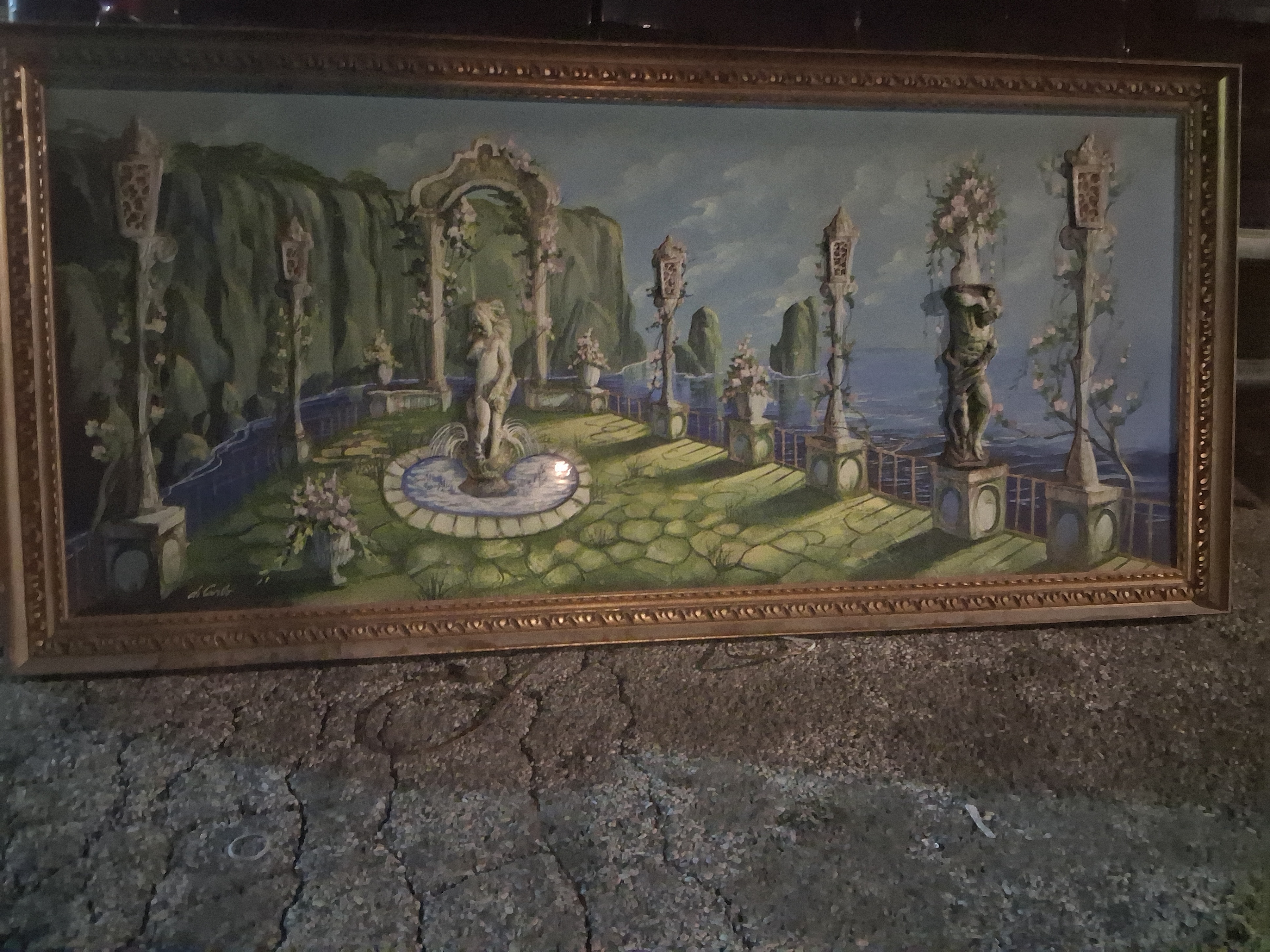 Framed Vintage Oil Painting "Di Carlo" Italian Garden Scene - photo 3