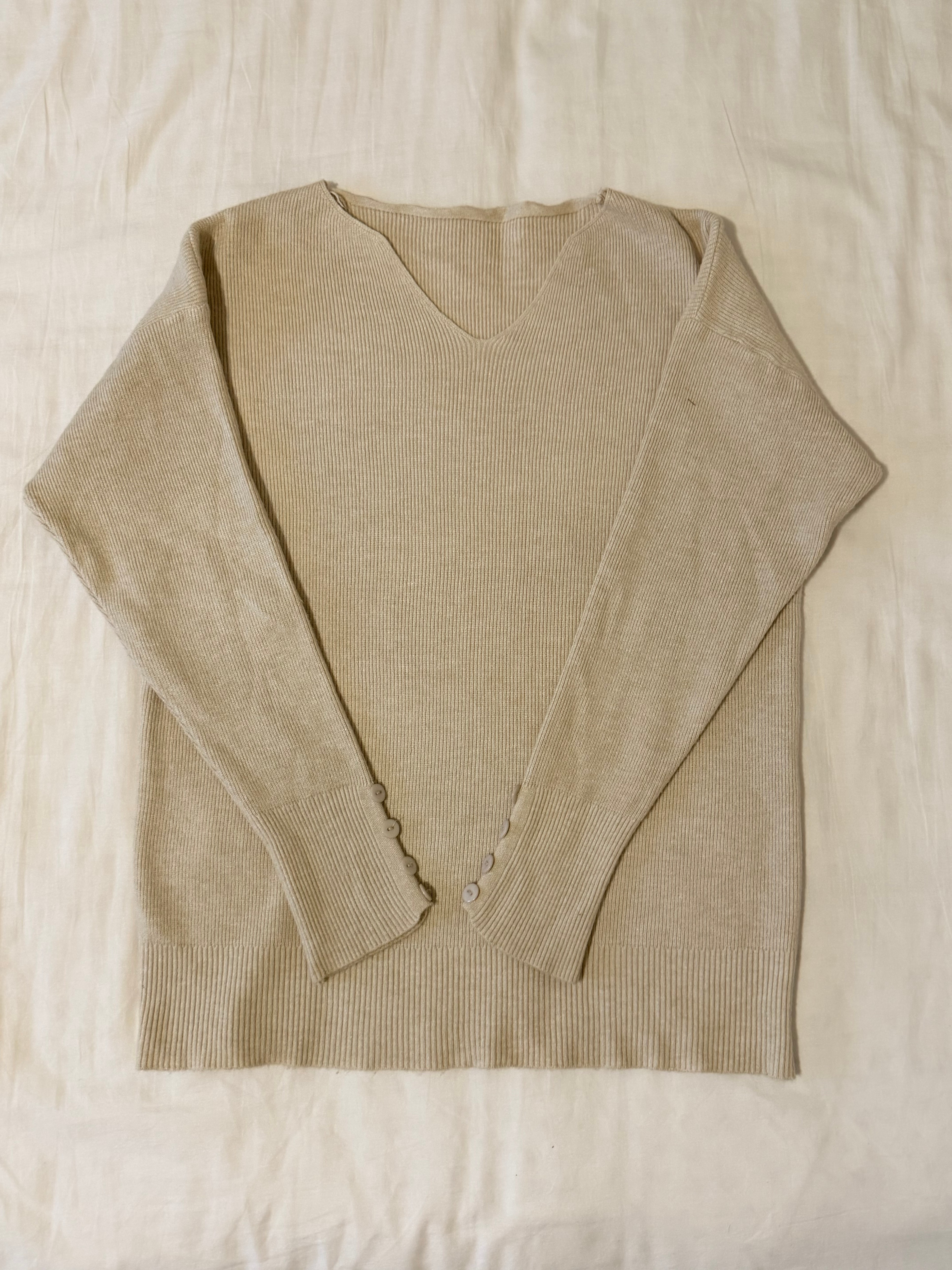 Women’s Beige Ribbed Knit Sweater – Button Cuffs
