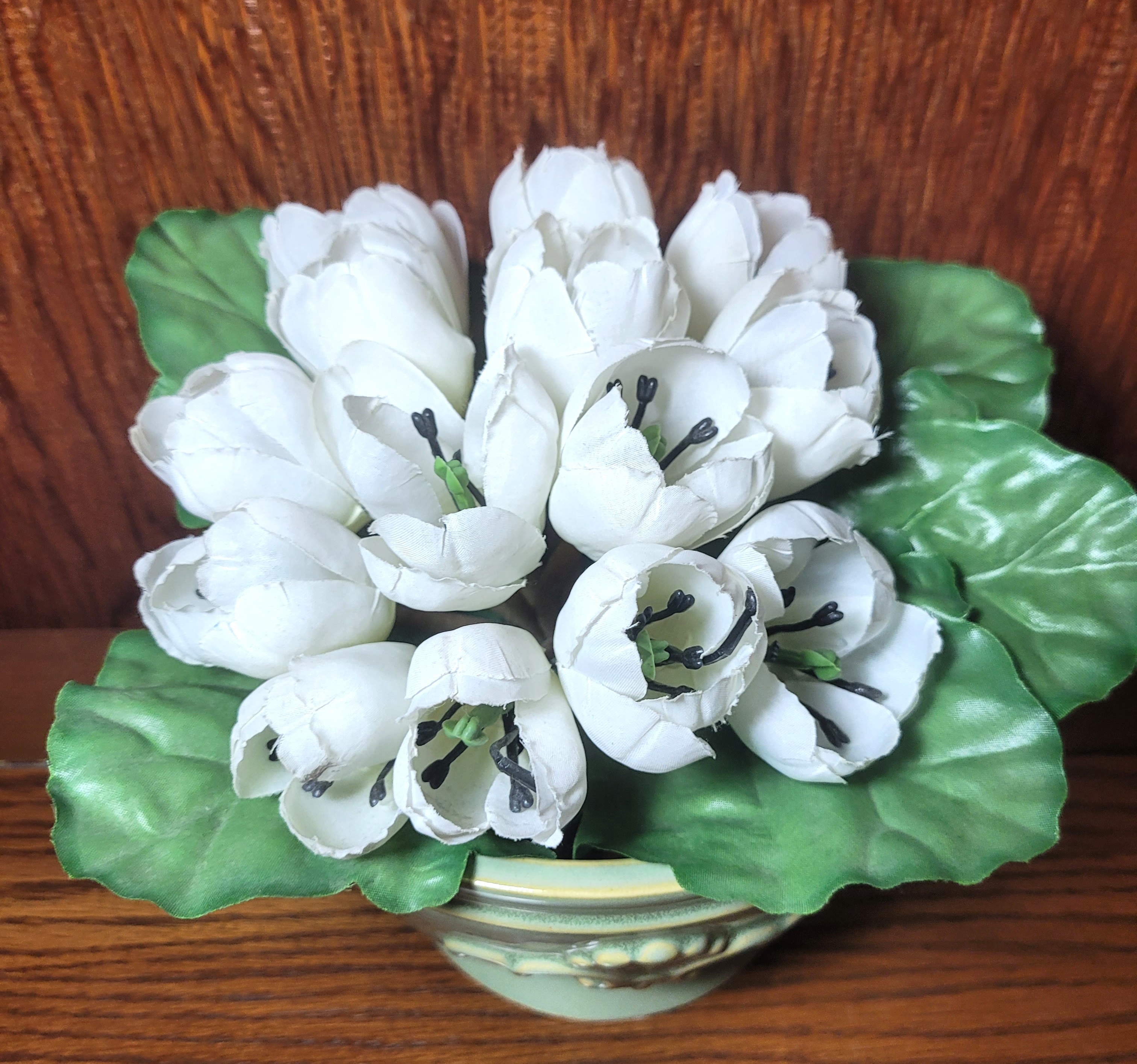 Vintage Style Green Glazed Ceramic Bowl Planter Vase Faux Flower - photo 2