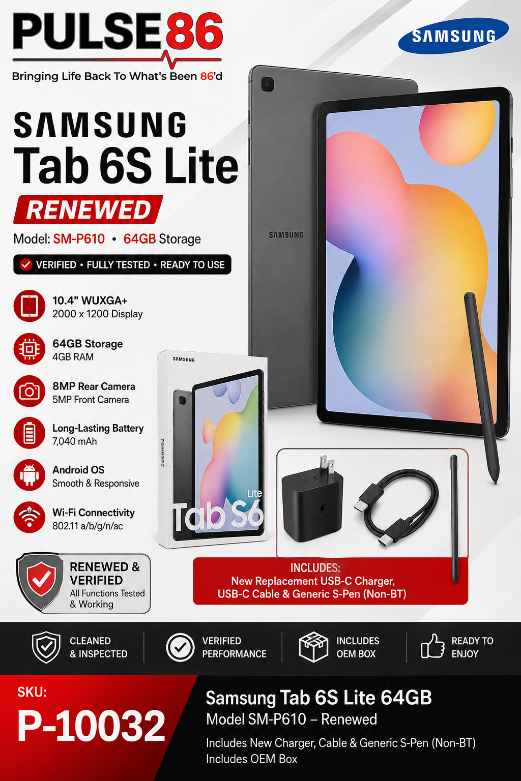 Samsung Galaxy Tab S6 Lite 10.4" 64GB Wi-Fi SM-P610  Renewed