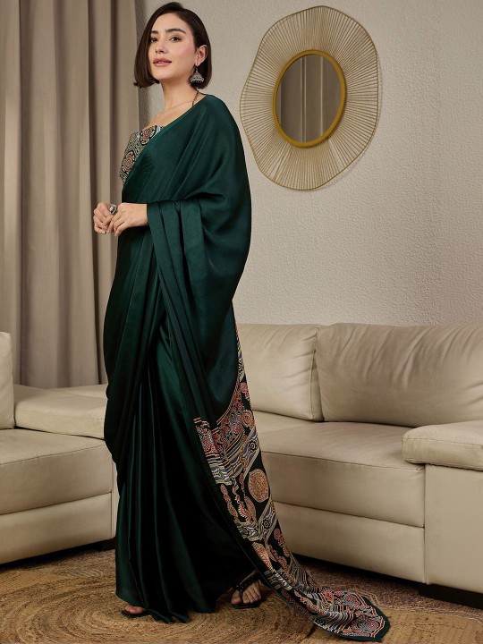 Deep Green Satin Saree with Printed Border