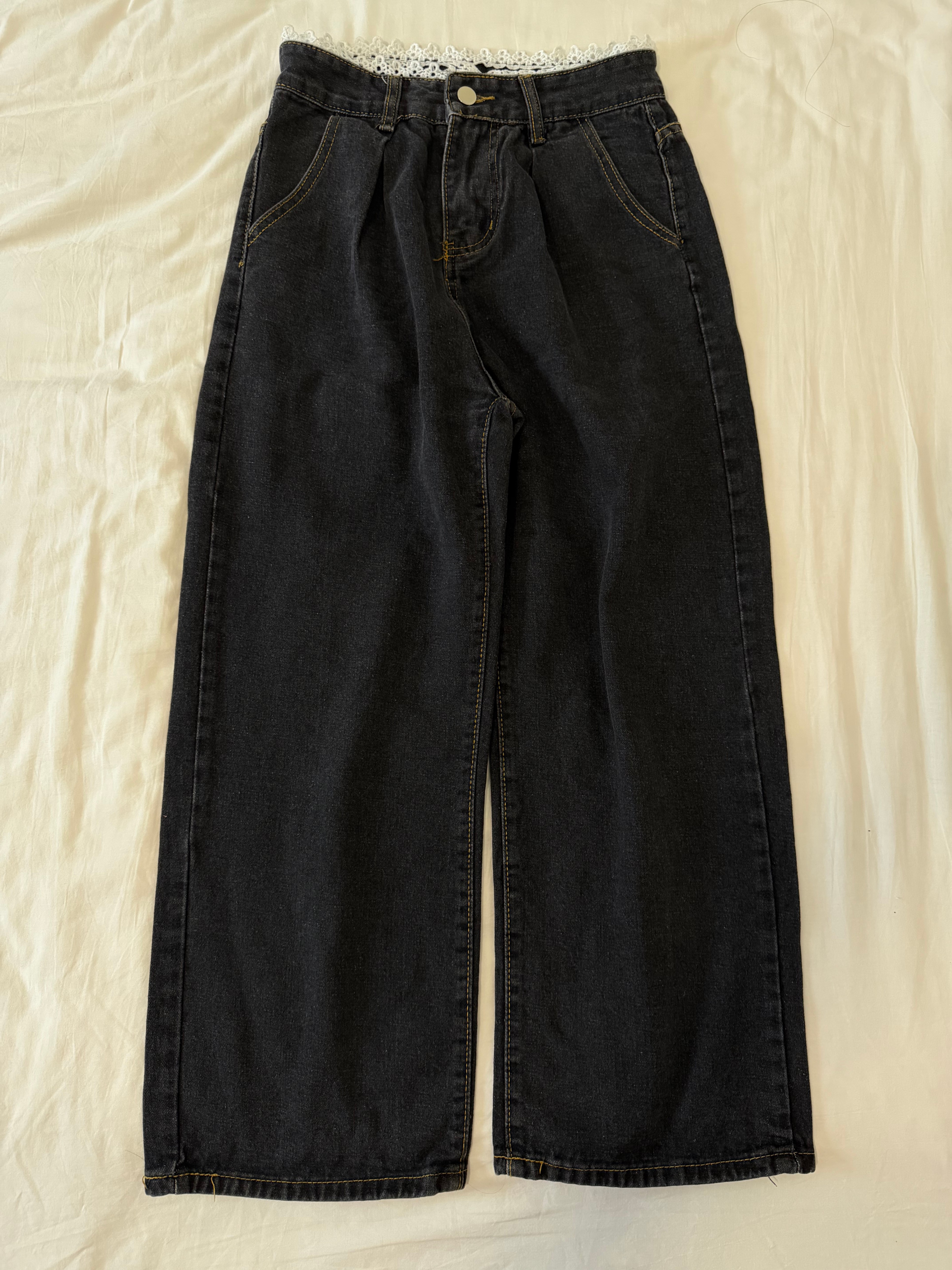 Women’s Black Wide-Leg Jeans – Lace Waist Detail