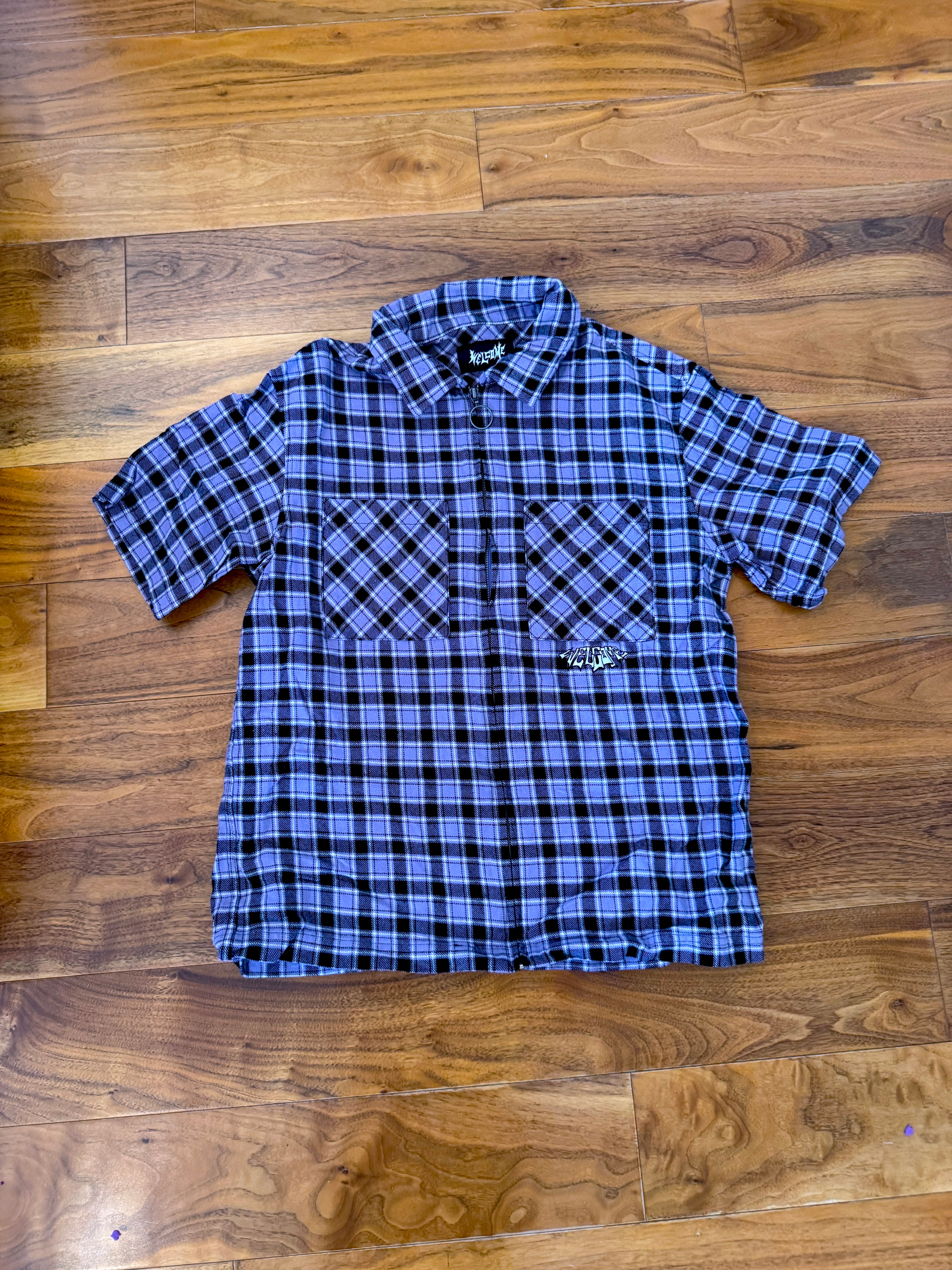 Purple Plaid Zip-Up Collared Shirt