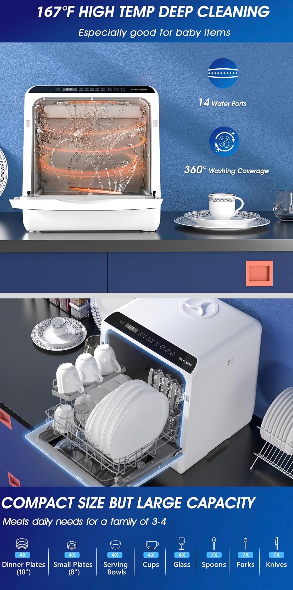 AIRMSEN Portable Countertop Dishwasher 6 Programs 75% Water Savi - photo 4
