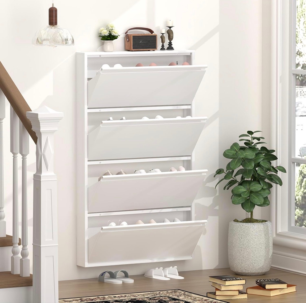 Sleek Metal Shoe Cabinet with 4 Flip Drawers Wall Mount Organize