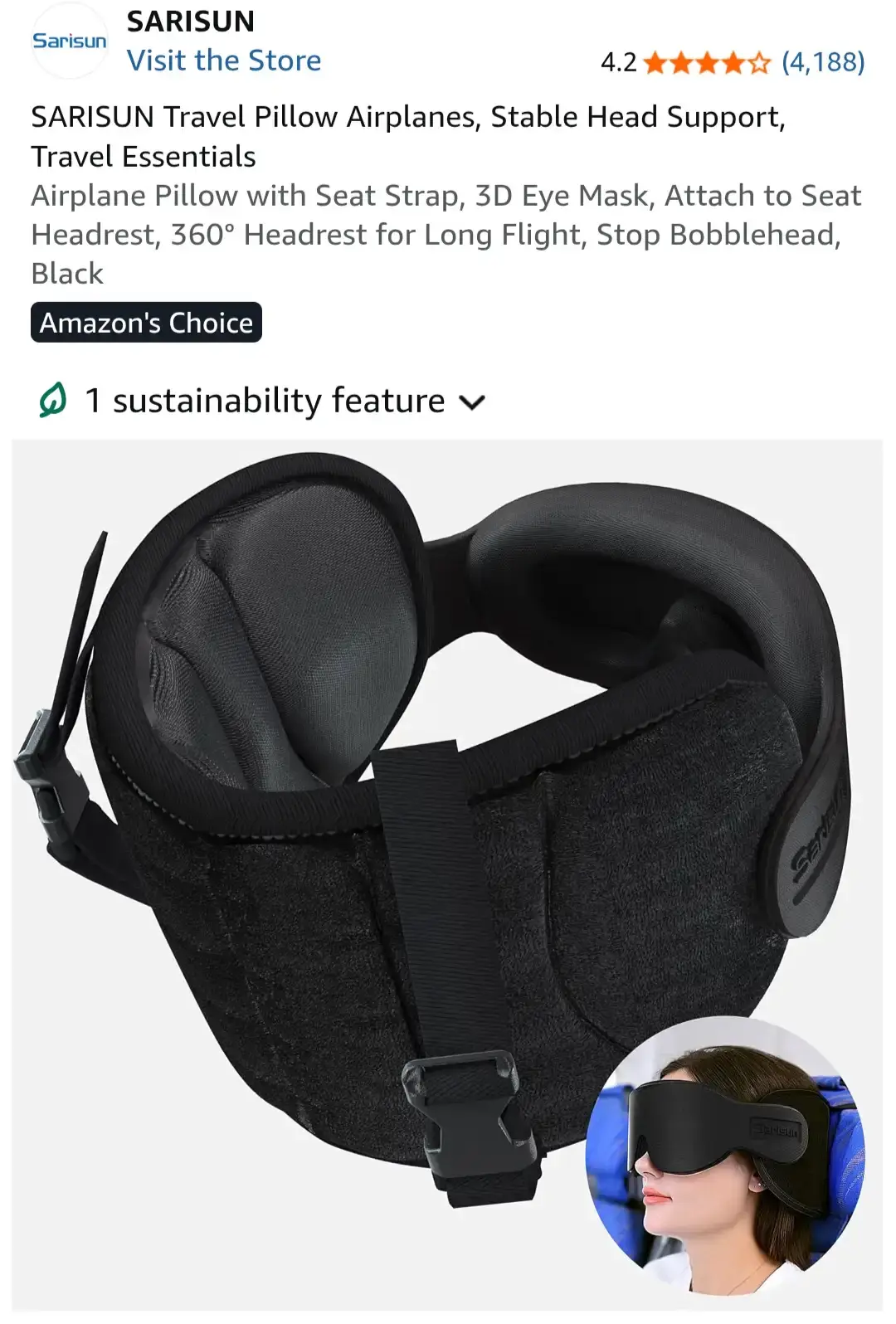 SARISUN Travel Pillow with Eye Mask and Seat Strap - Black